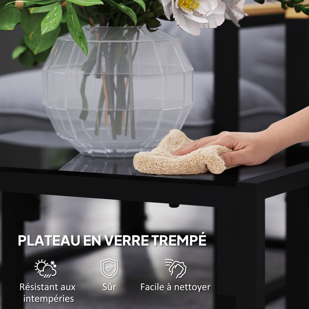 Solarias Salon de jardin extérieur 4 personnes avec canapé, 2 fauteuils et table basse en verre trempé, coussins inclus, gri