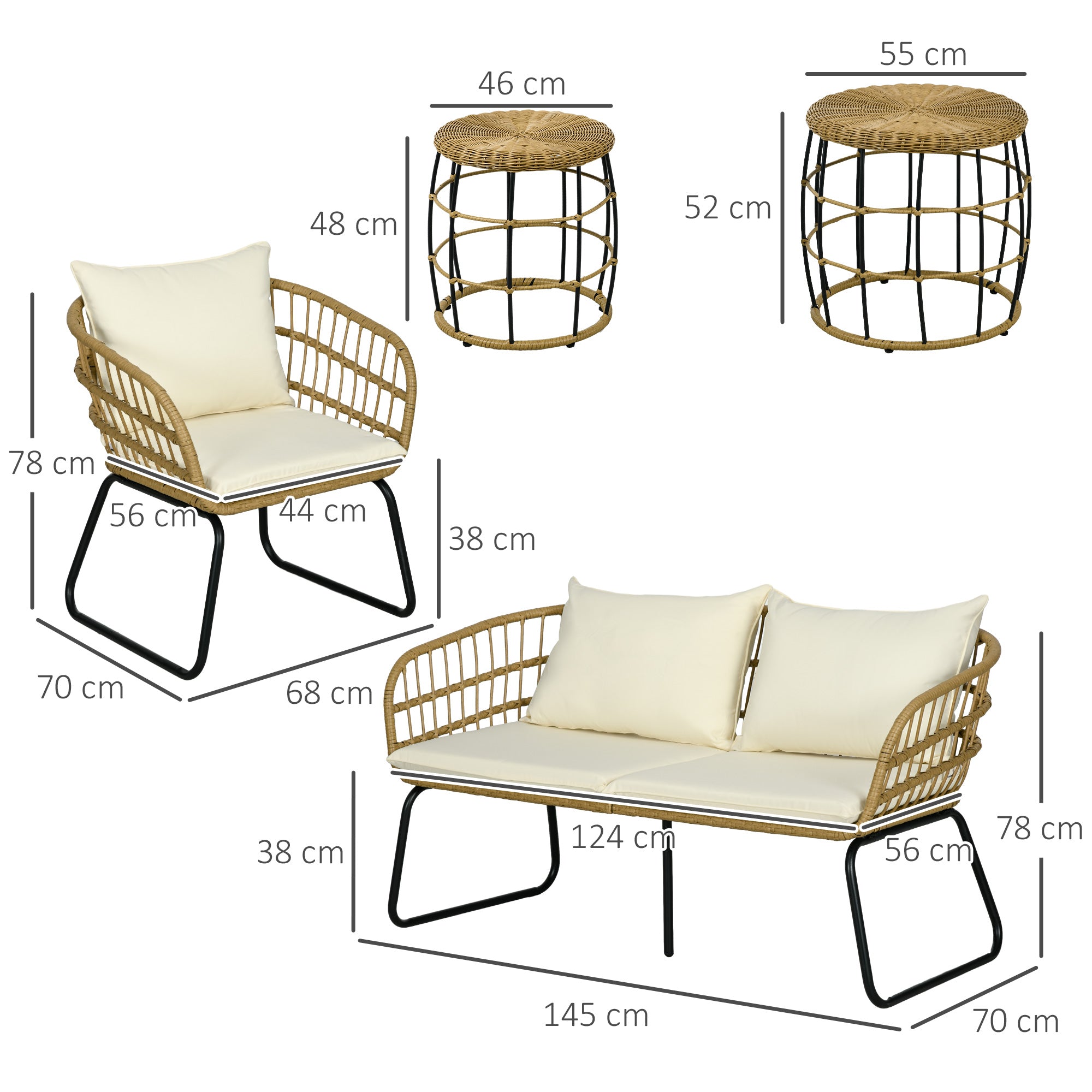 Solarias Ensemble salon de jardin meubles d'extérieur 4 places 2 fauteuils 1 canapé 2 places et 2 tables basses coussins inc