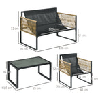 Solarias Ensemble salon de jardin 4 pièces canapé 2 places 2 fauteuils et 1 table basse plateau verre trempé 3 coussins - gr