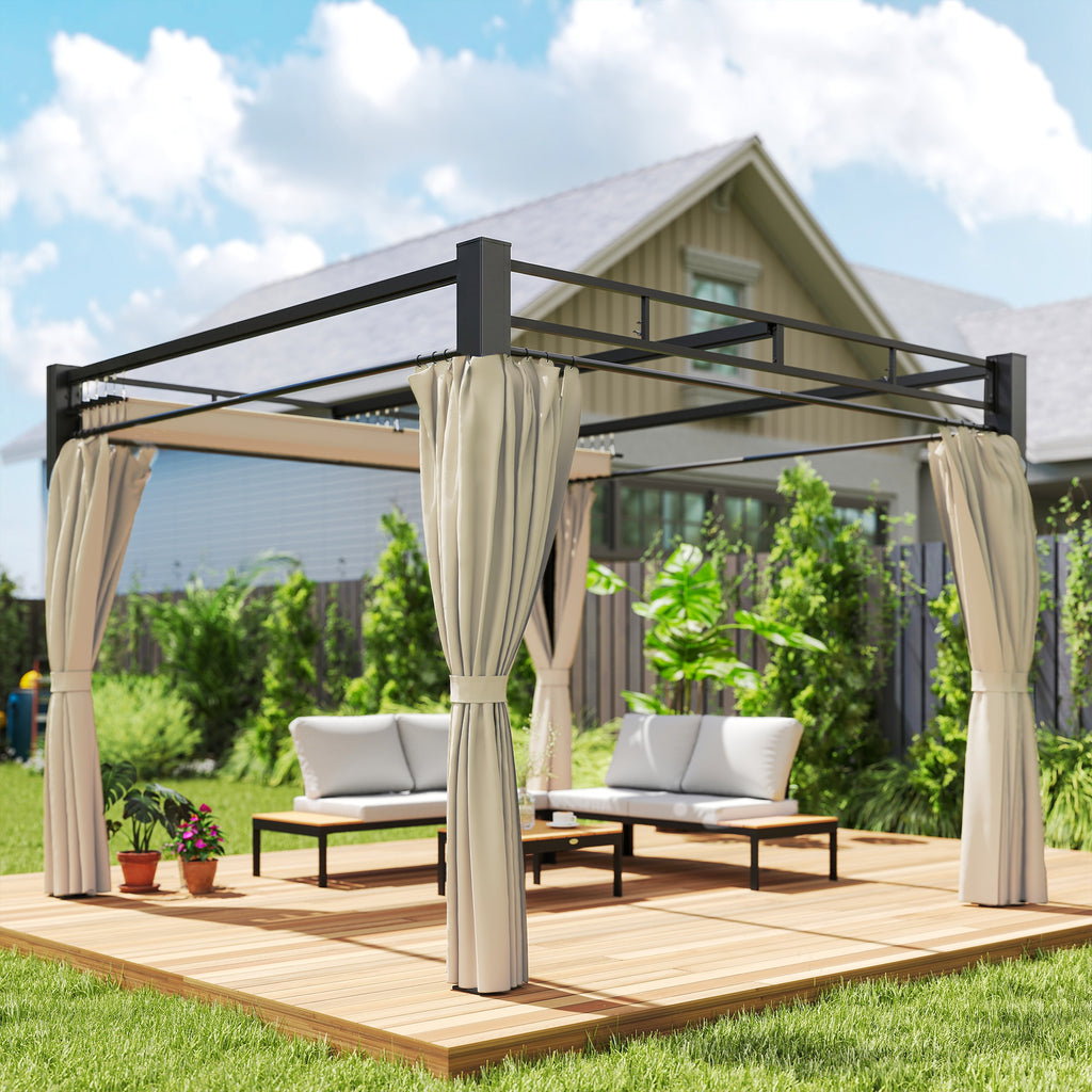 Solarias Pergola de Jardin Tonnelle de Jardin Extérieur Toit Rétractable 4 Rideaux Protection UV30+3x3m Beige