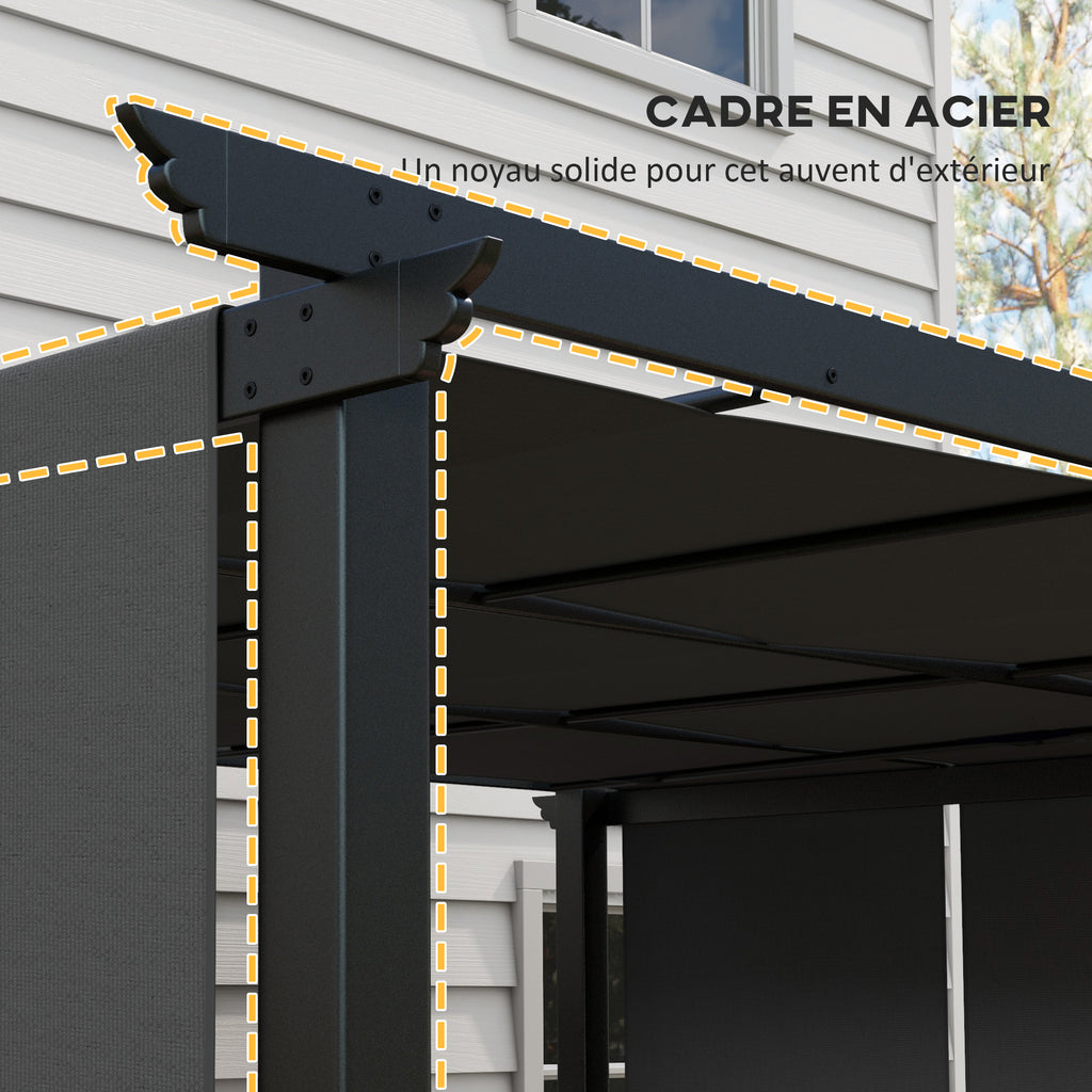 Solarias Pergola avec 3 toiles coulissantes 3,5 x 3 x 2,35 m structure acier noir toile polyester gris foncé
