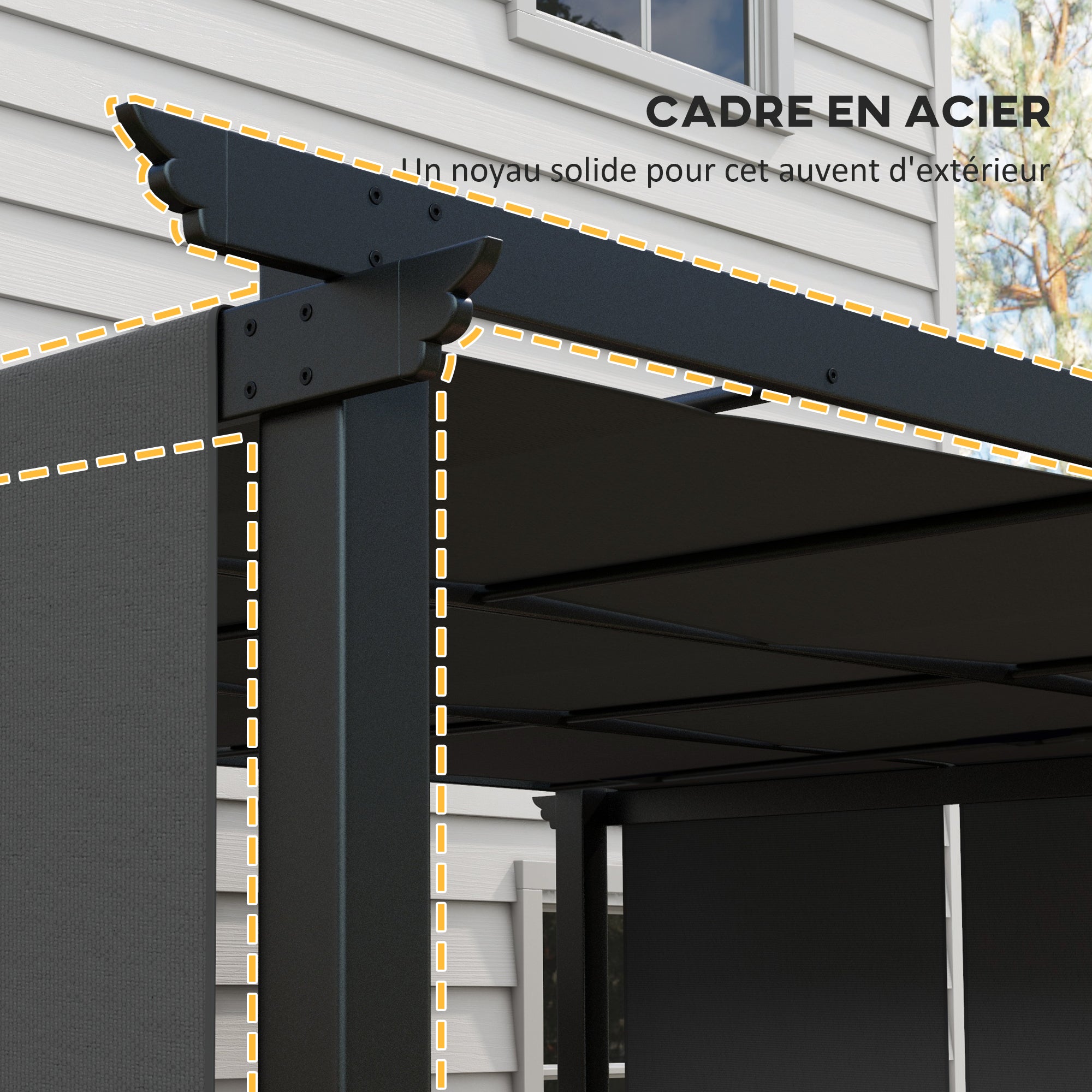 Solarias Pergola avec 3 toiles coulissantes 3,5 x 3 x 2,35 m structure acier noir toile polyester gris foncé