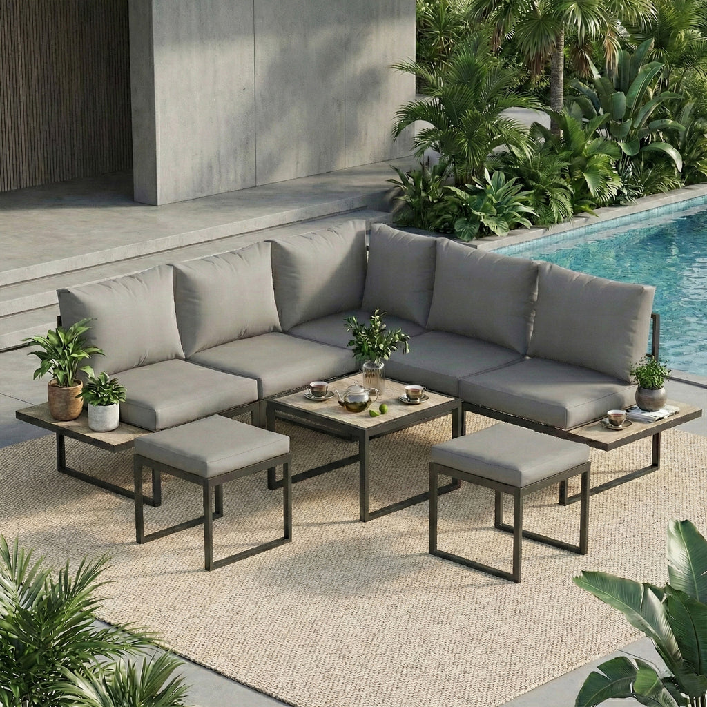Solarias Salon de jardin extérieur 6 personnes modulable table basse et plateaux latéraux en bois PSPC coussins épais 10cm g