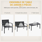 Solarias Salon de jardin extérieur 4 pièces avec canapé 2 places, 2 chaises et table basse en verre trempé, coussins inclus,