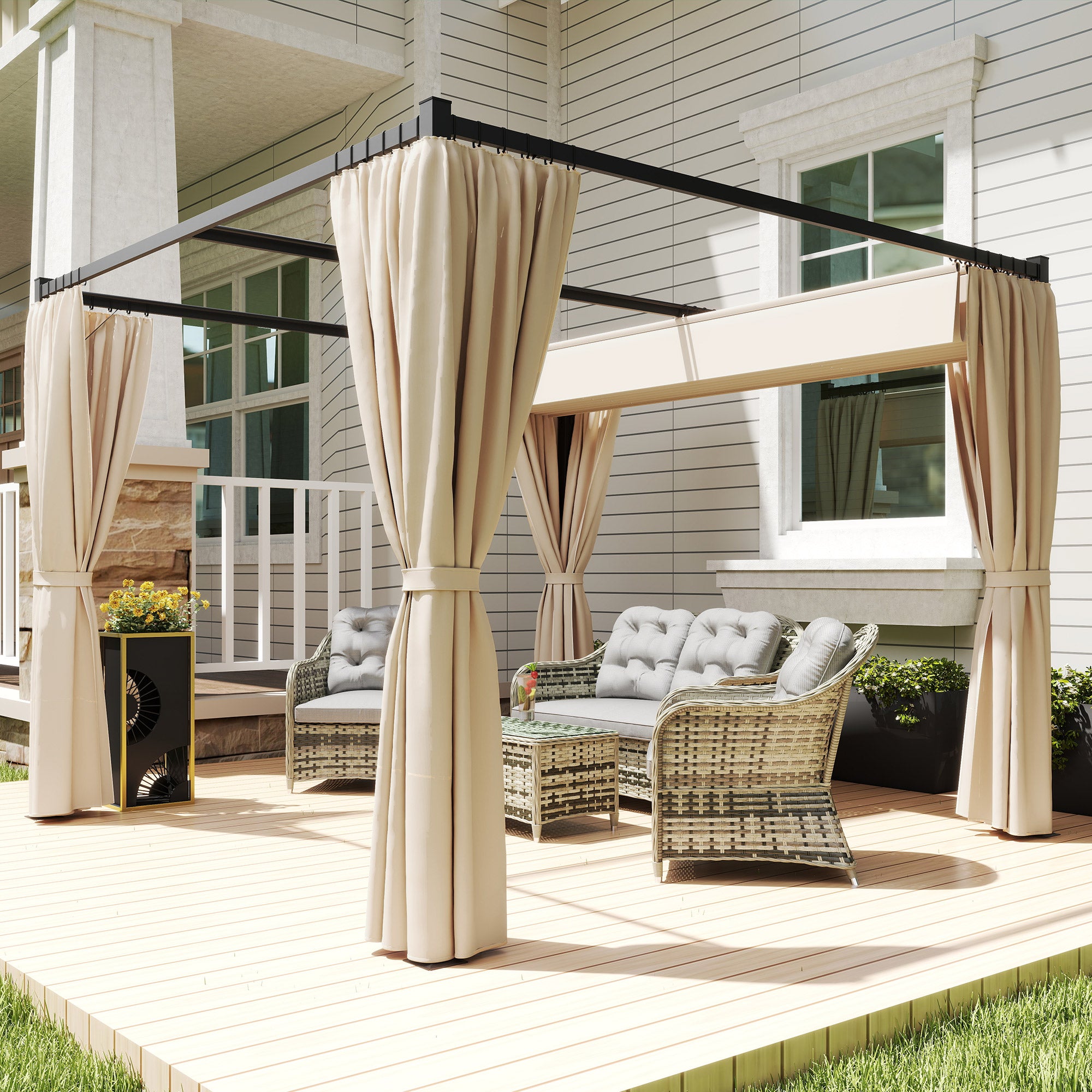 Solarias Pergola 3 x 3 m autoportante avec toit coulissant, 4 parois résistantes aux UV Beige