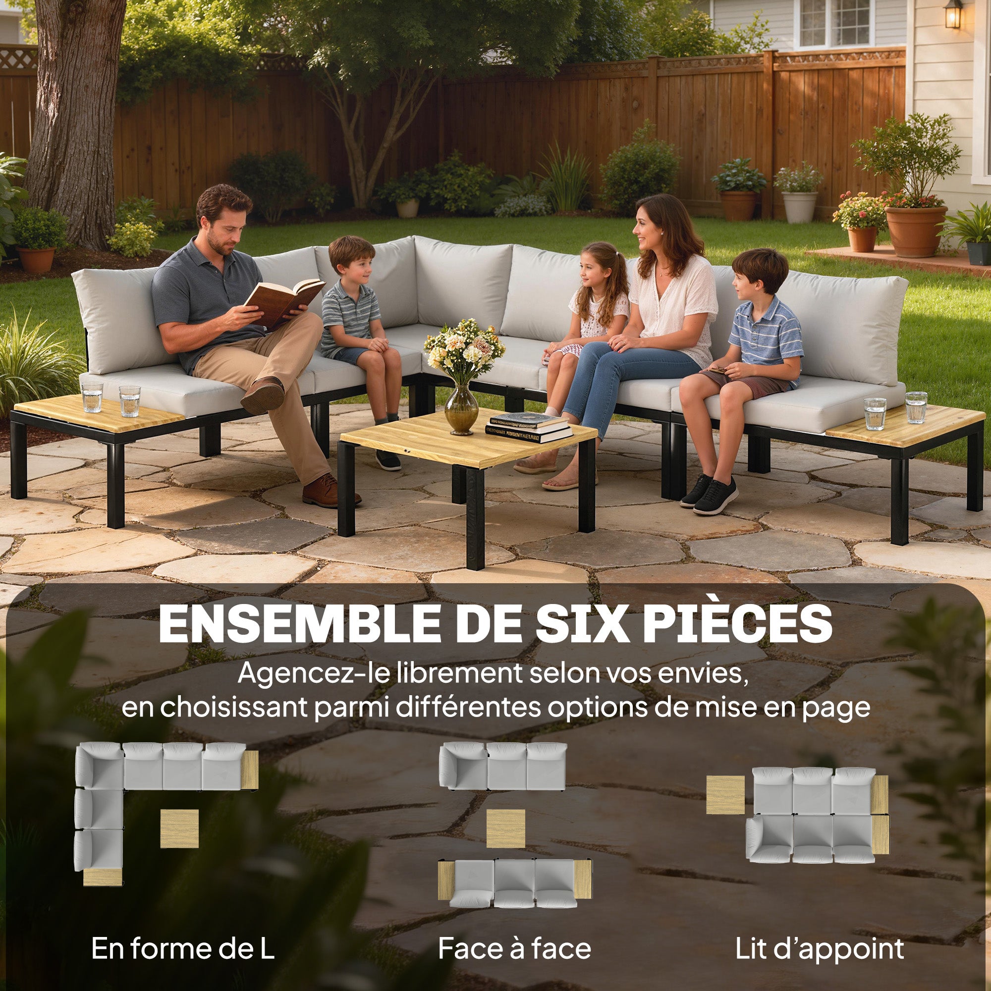 Solarias Salon de Jardin Modulaire 6 Pièces Ensemble Canapé Extérieur Transformable en Lit Table Basse et Plateaux Latéraux 