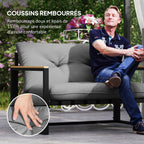 Solarias Salon de jardin extérieur 4 personnes avec canapé, 2 fauteuils et table basse en verre trempé, coussins inclus, gri