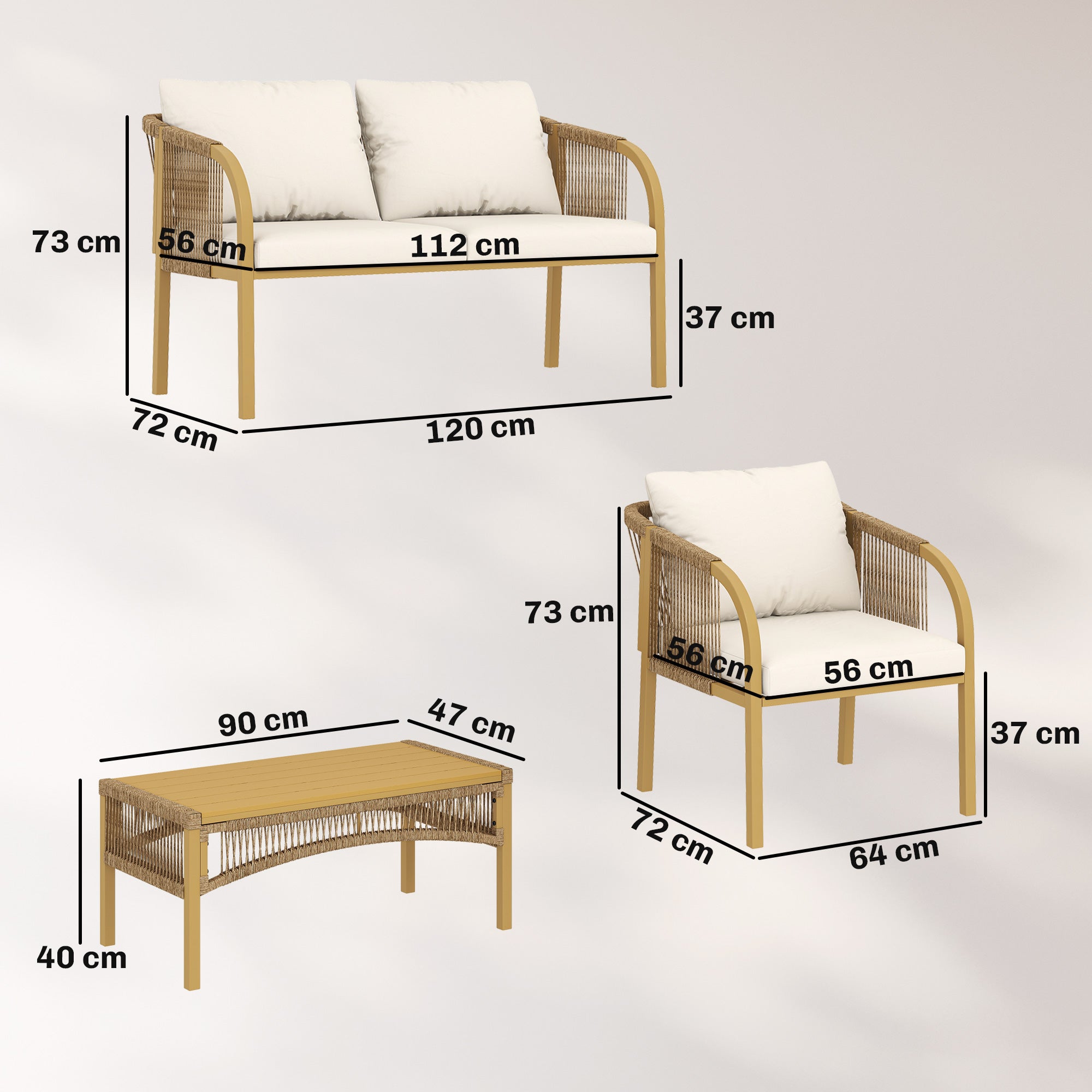 Solarias Salon de Jardin Extérieur 4 Pièces avec Canapé 2 Fauteuils Table Coussins, Acier Résine Tressée, 120x72x73cm, Kaki
