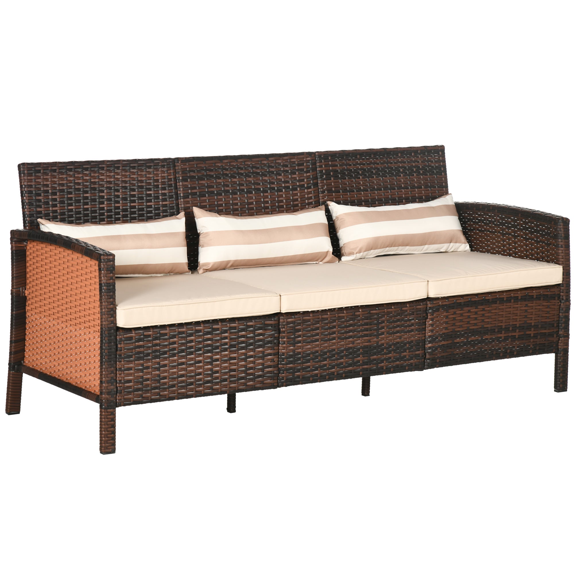 Solarias Canapé en rotin avec coussins, Trois places, Canapé de jardin, Acier, Marron, 173 x 68 x 78 cm