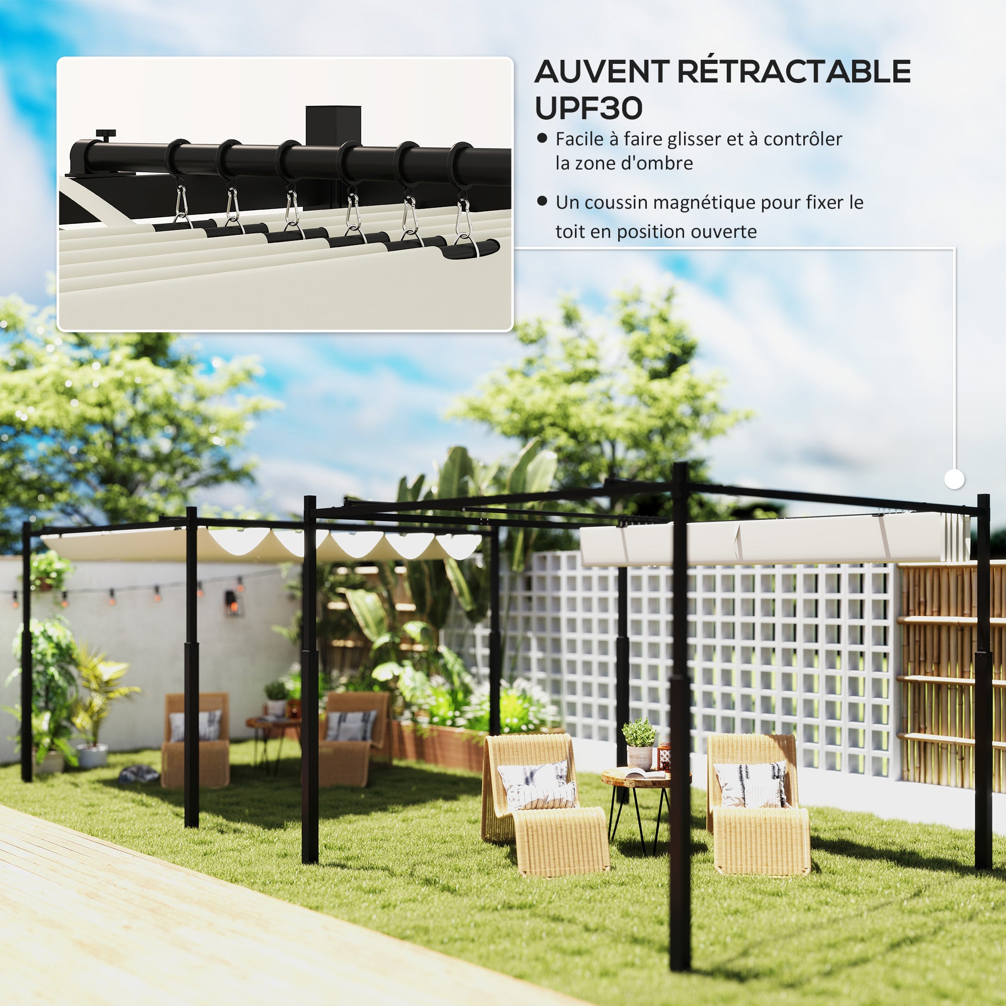 Solarias Pergola de jardin exterieur 3 x 3 m avec toit rétractable et fixation magnétique, abri soleil UPF30+, crème