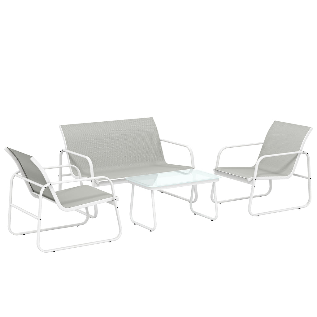 Solarias Ensemble Jardin Extérieur 4 Pièces avec Canapé 2 Places 2 Fauteuils Table en Verre Trempé Tissu Textilene Gris Clar