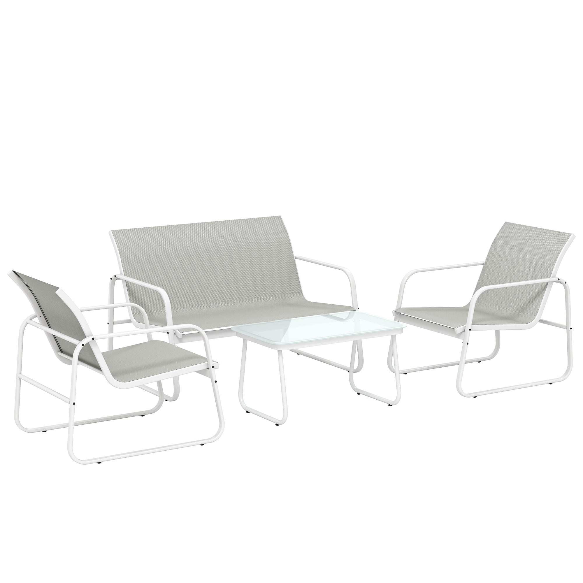 Solarias Ensemble Jardin Extérieur 4 Pièces avec Canapé 2 Places 2 Fauteuils Table en Verre Trempé Tissu Textilene Gris Clar
