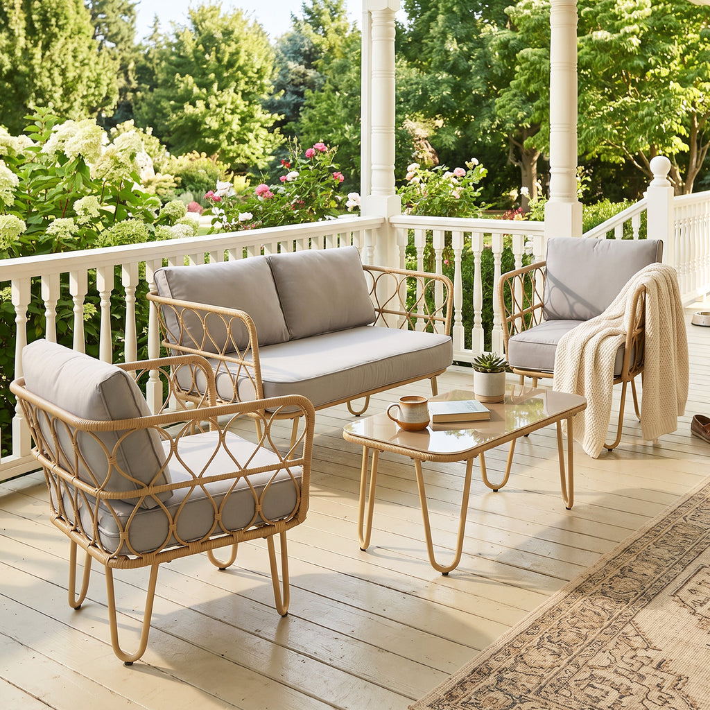 Solarias Ensemble salon de jardin canapé 2 places + 2 fauteuils + 1 table basse plateau verre trempé 7 coussins gris