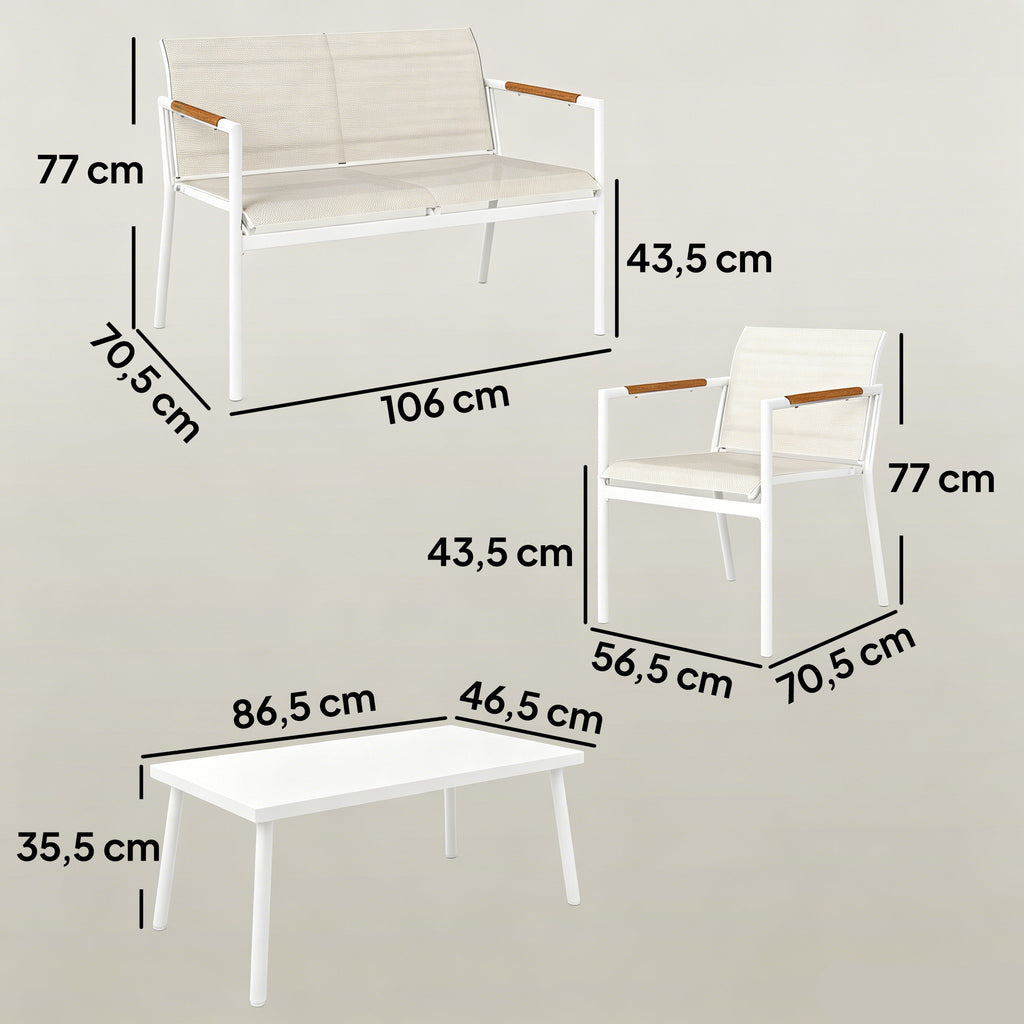 Solarias Salon de Jardin 4 Pièces en Textilène, Canapé, 2 Fauteuils, Table Basse avec Plateau en Métal, 106x70,5x77cm, Crème