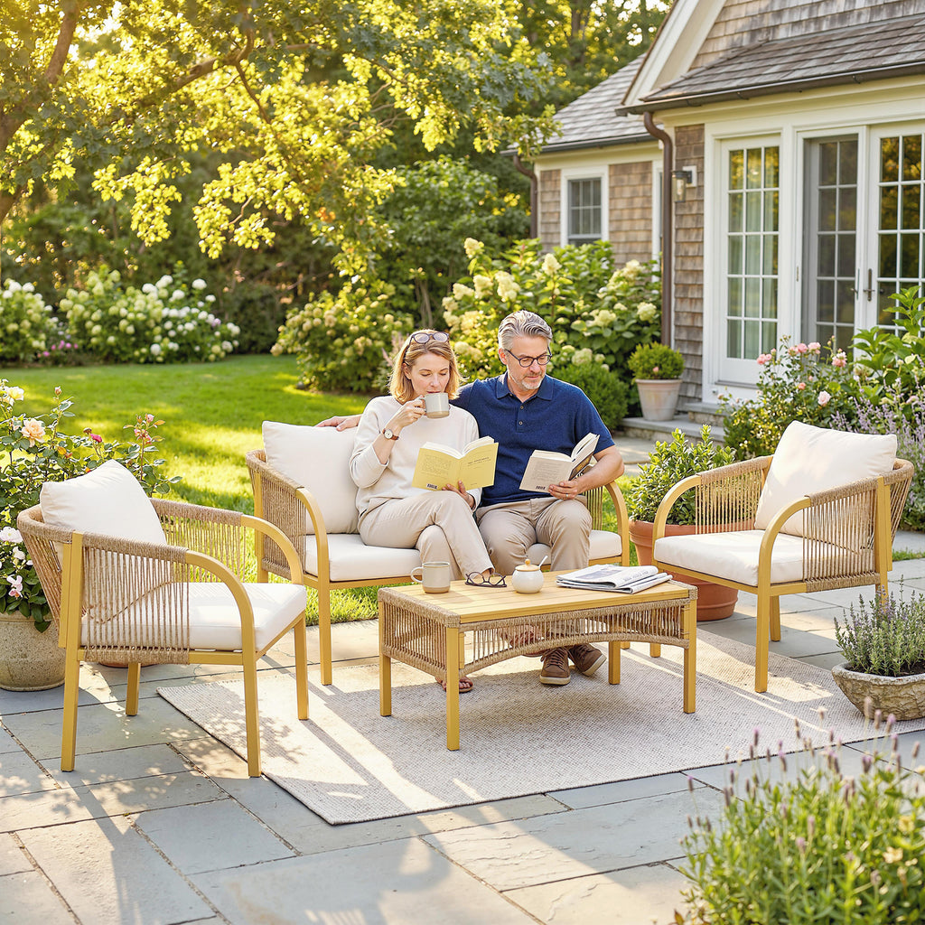 Solarias Salon de Jardin Extérieur 4 Pièces avec Canapé 2 Fauteuils Table Coussins, Acier Résine Tressée, 120x72x73cm, Kaki