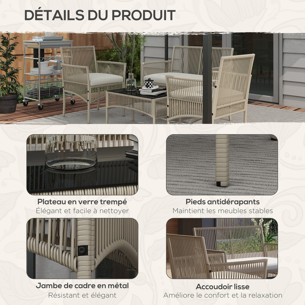 Solarias Ensemble salon de jardin 4 pièces canapé 2 places 2 fauteuils 1 table basse plateau verre trempé