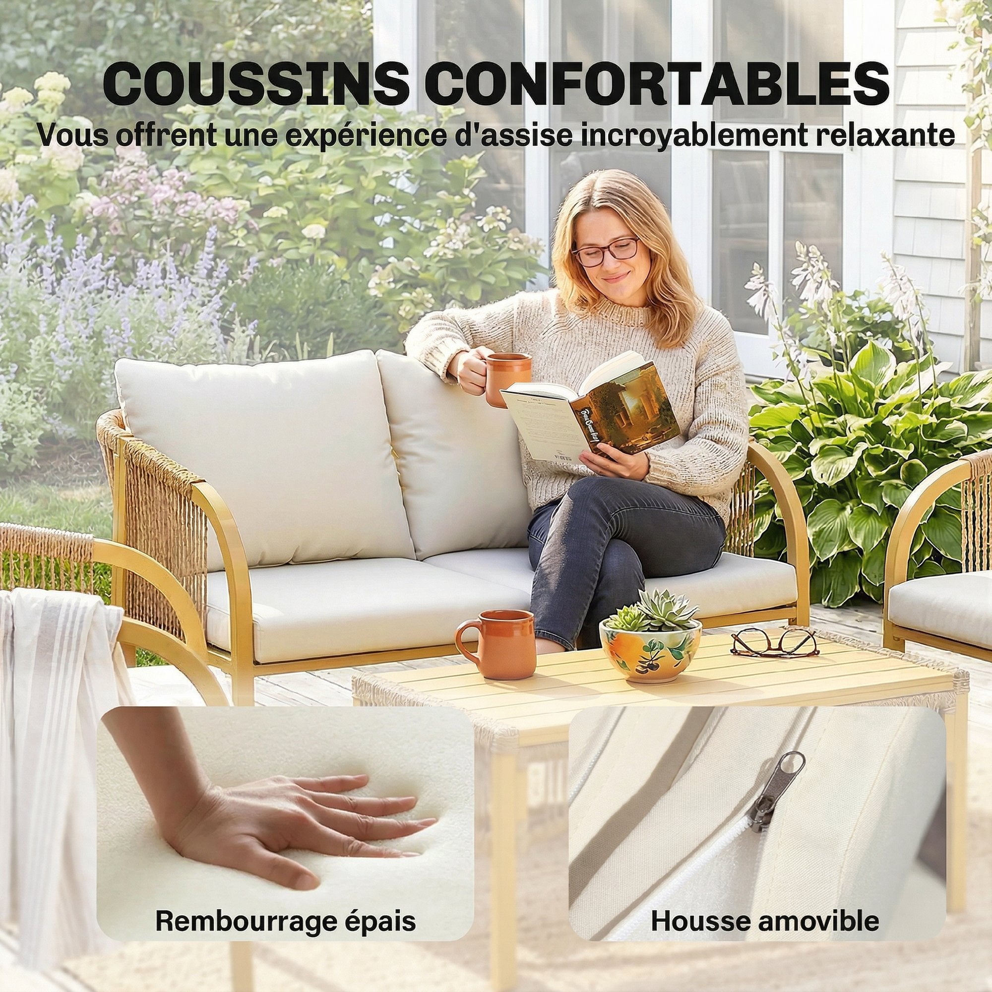 Solarias Salon de Jardin Extérieur 4 Pièces avec Canapé 2 Fauteuils Table Coussins, Acier Résine Tressée, 120x72x73cm, Kaki