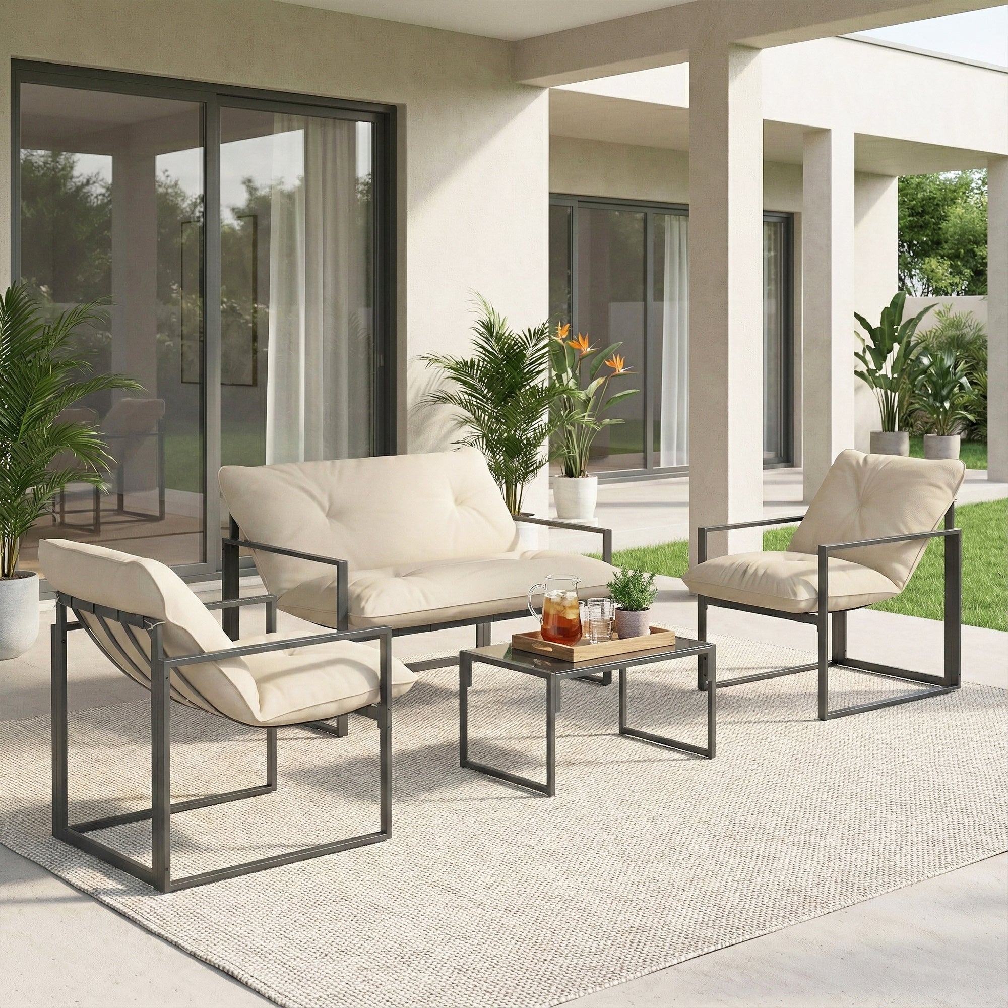 Solarias Salon de jardin 4 pièces 4 personnes avec canapé 2 places, 2 fauteuils et 1 table basse gris