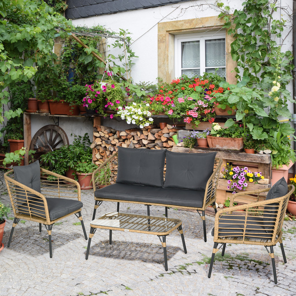 Solarias Ensemble salon de jardin 4 pièces canapé 2 places 2 fauteuils 1 table basse 7 coussins métal et résine imitation ro
