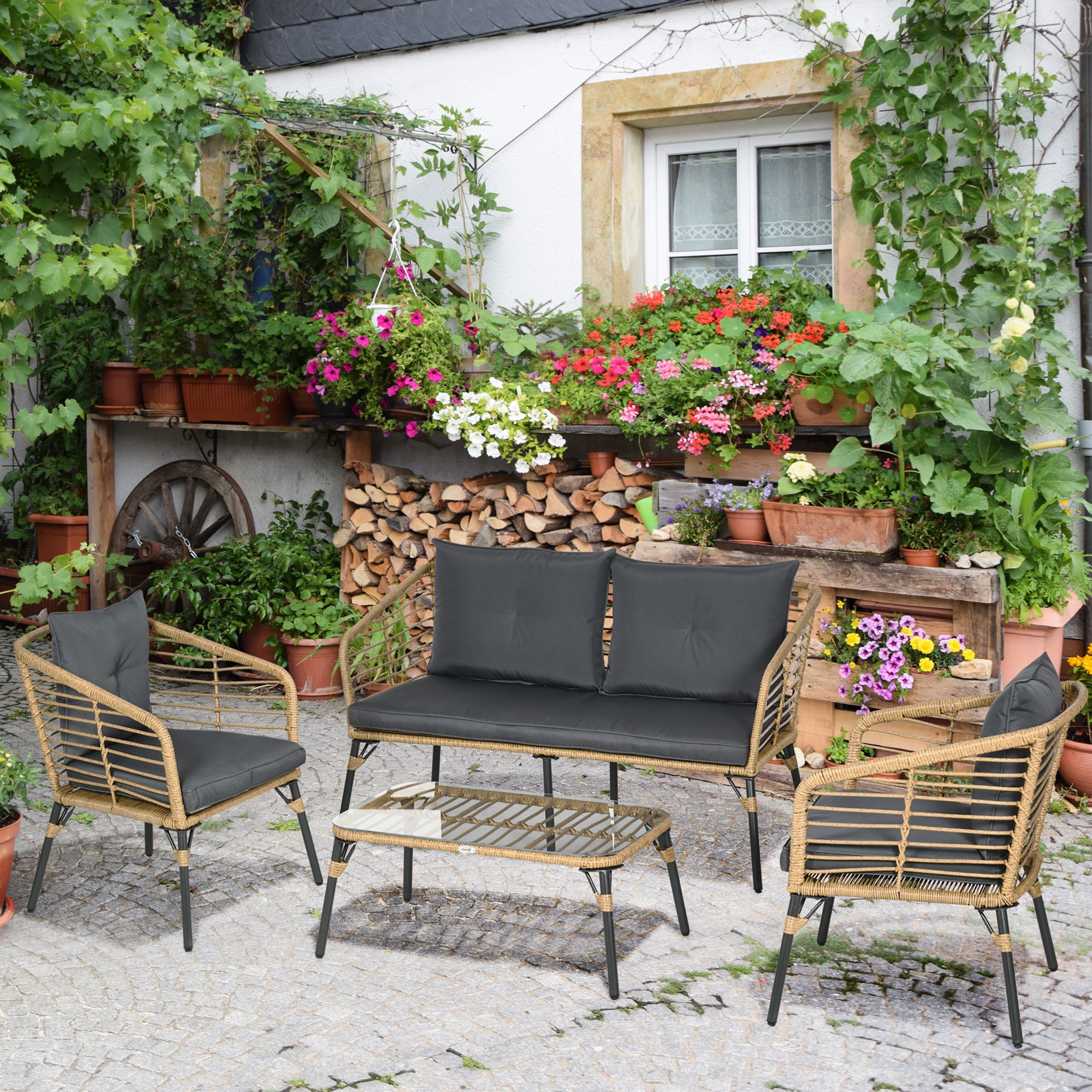 Solarias Ensemble salon de jardin 4 pièces canapé 2 places 2 fauteuils 1 table basse 7 coussins métal et résine imitation ro