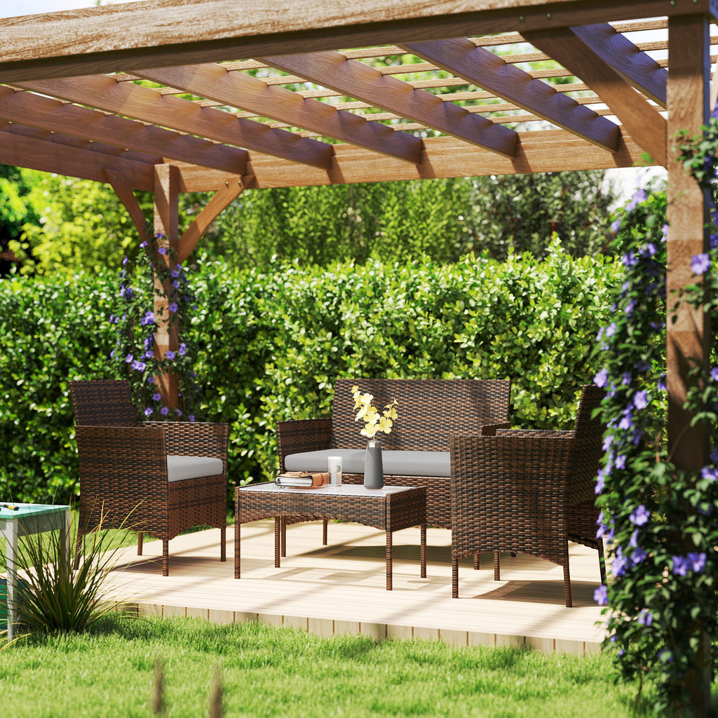 Solarias Ensemble de meubles de jardin en rotin synthétique avec canapé, fauteuils et table en verre trempé et coussins marr
