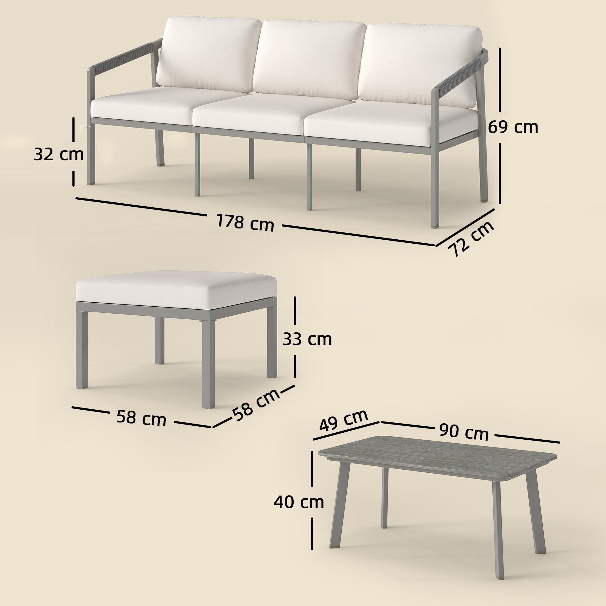 Solarias Ensemble de Jardin Extérieur de 3 Pièces avec Canapé 3 Places Repose-pieds Table Basse et Coussins Marron et beige