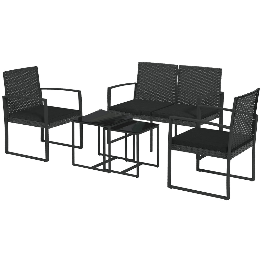 Solarias Ensemble de Jardin avec 2 Chaises, Canapé et 2 Tables avec Coussins et Plateau en Verre, Noir