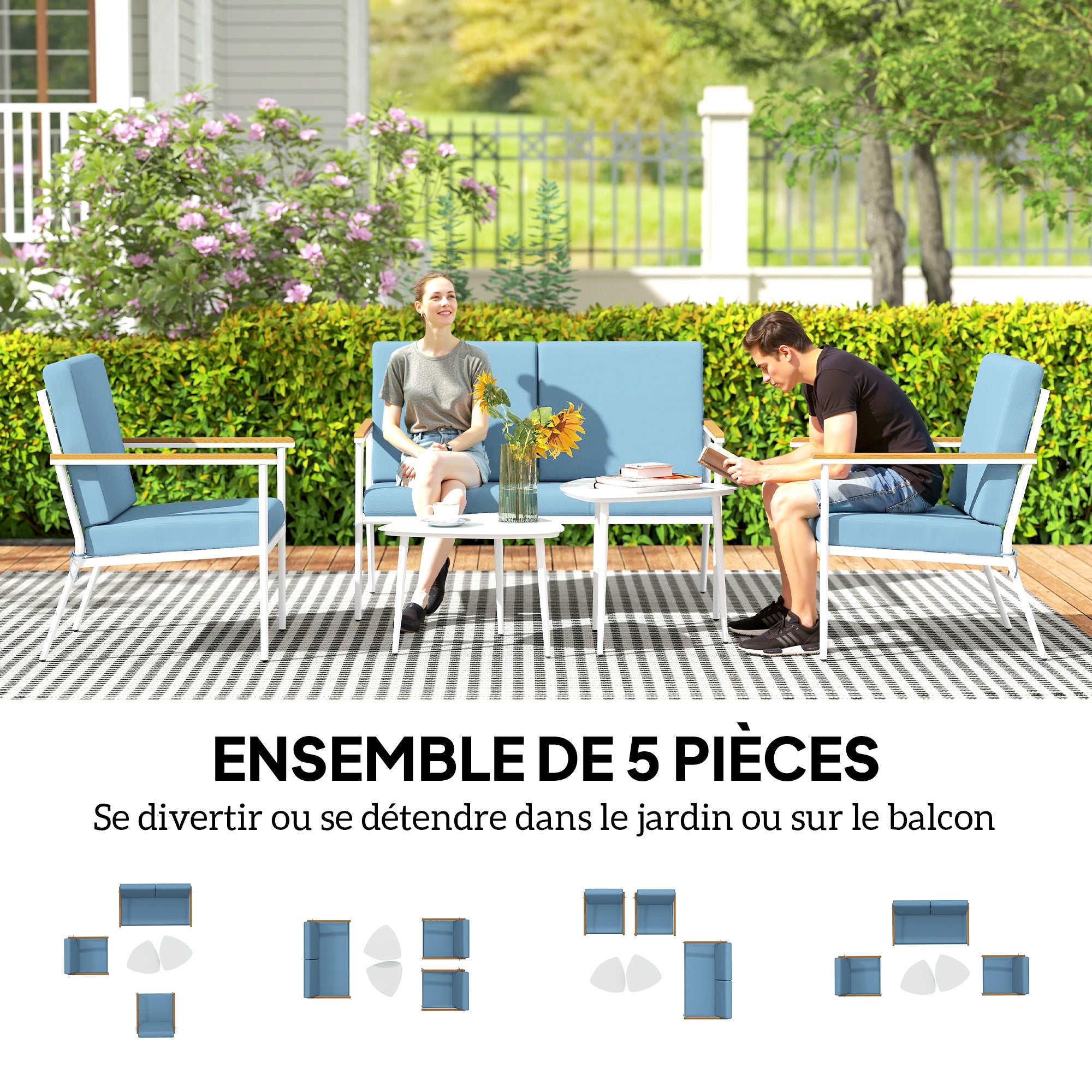 Solarias Salon de jardin extérieur 4 personnes, salon de balcon 5 pièces avec canapé, 2 fauteuils et 2 tables basses bleu cl