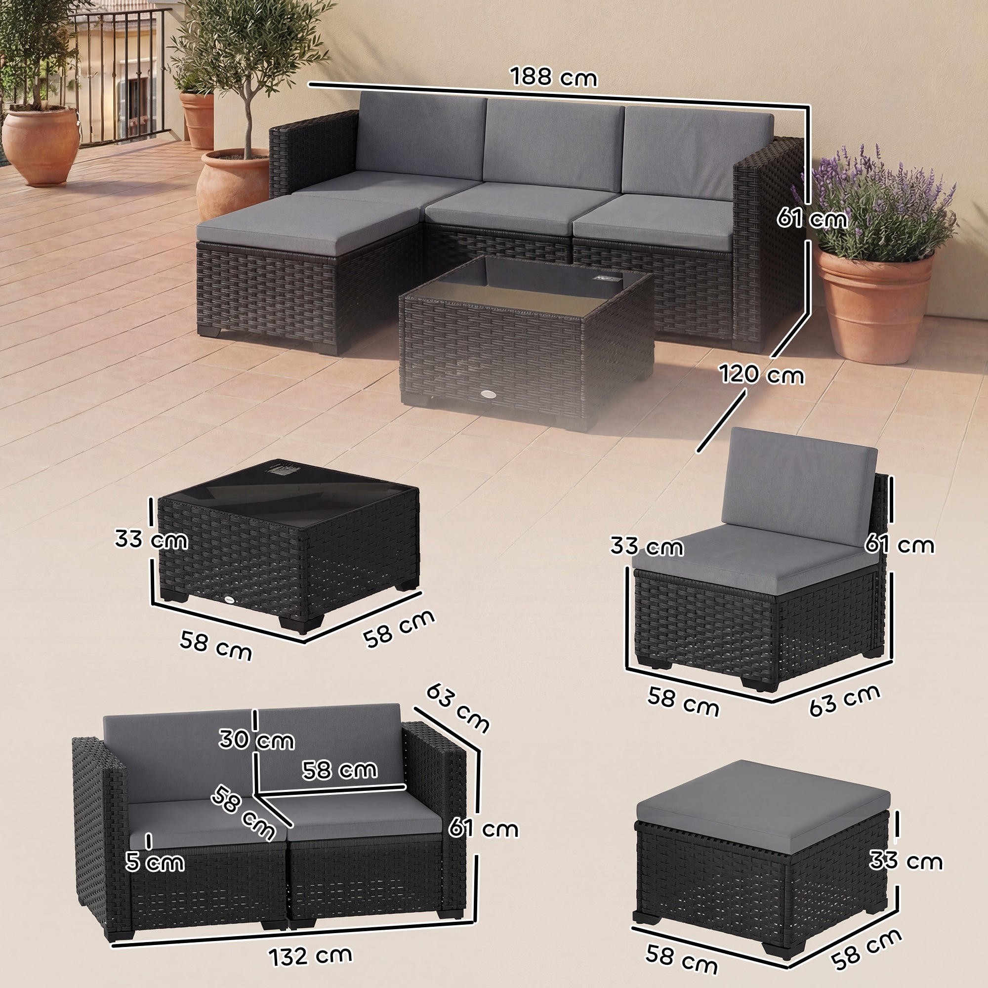 Solarias Ensemble Modulaire de Jardin en Rotin 5 Pièces avec Coussins, Canapé d'Angle Gris