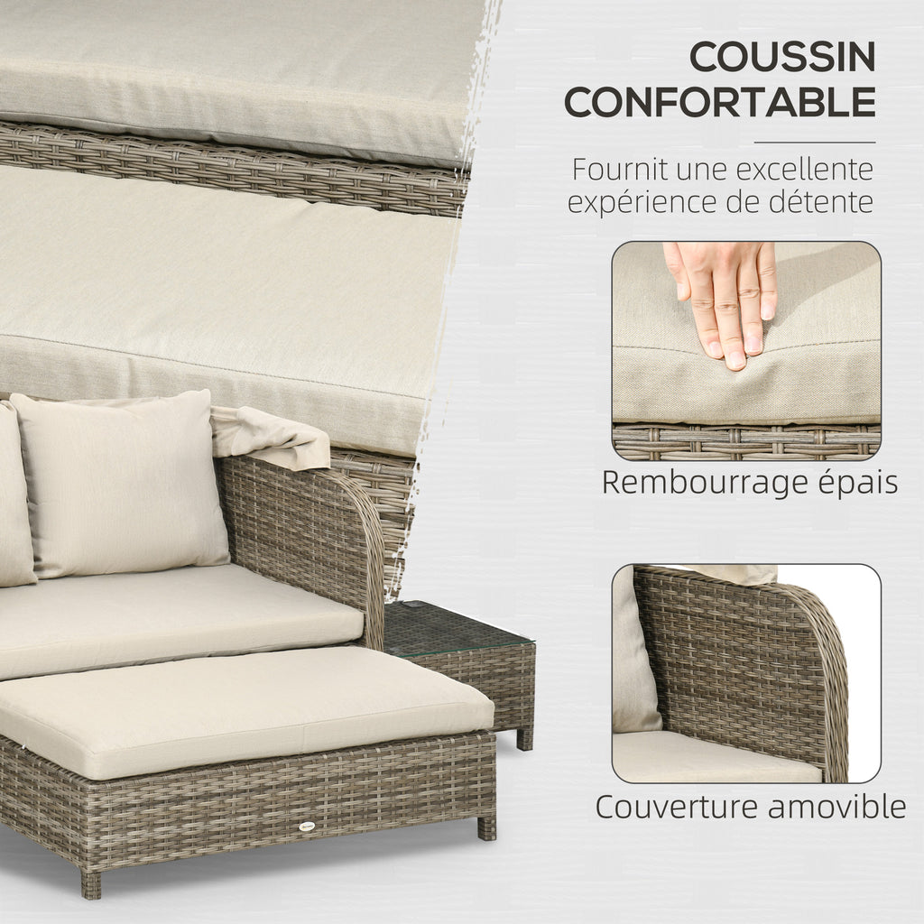 Solarias Ensemble salon de jardin 4 pièces canapé 2 places + 1 repose-pieds + 2 table basse avec coussins beige marron