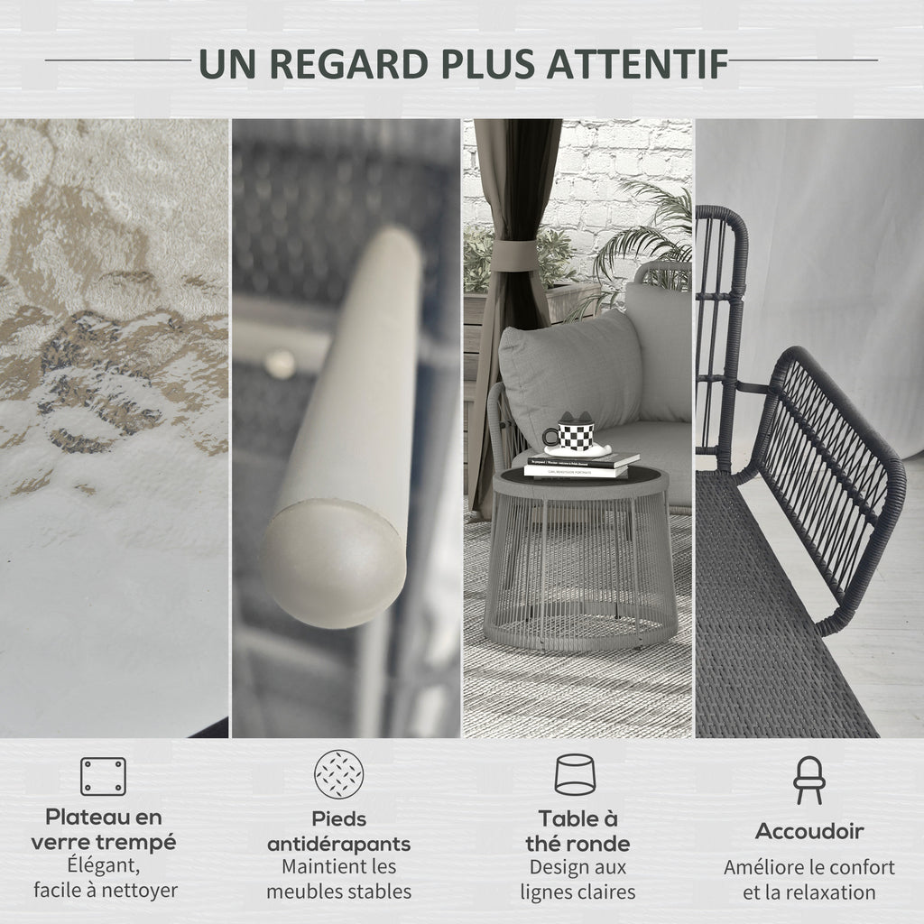 Solarias Salon de jardin d'angle 4 pers. style colonial table basse coussins grand confort inclus résine tressée gris