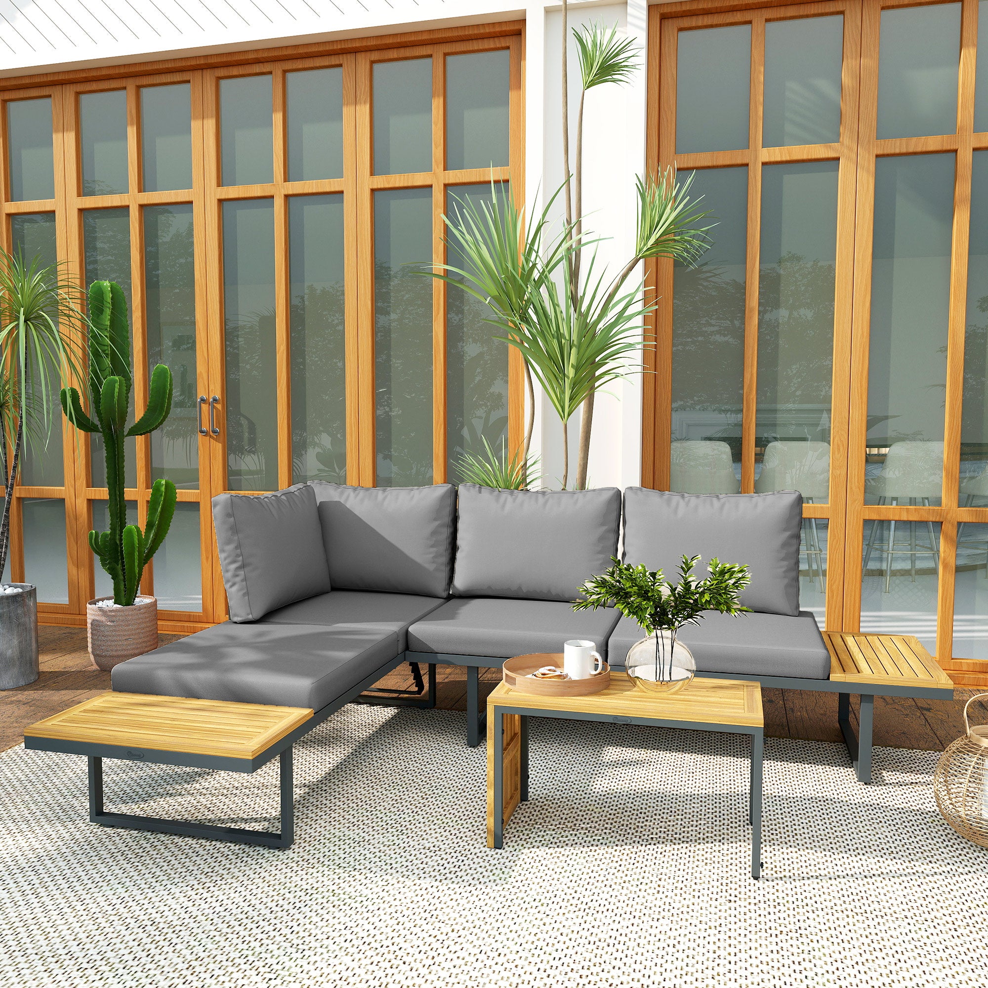Solarias Ensemble de meubles de jardin modulable en bois d'acacia 6 places, salon de jardin d'angle avec table, gris