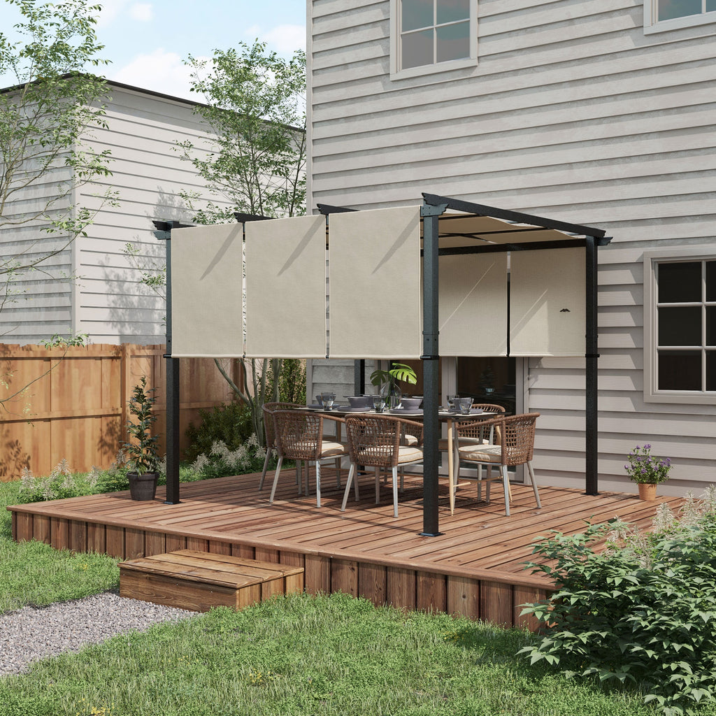 Solarias Pergola avec 3 toiles coulissantes 3 x 3 x 2,38 m structure acier noir toile polyester haute densité beige