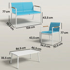 Solarias Ensemble jardin 4 places Canapé, Fauteuils, Table en métal, Bleu.
