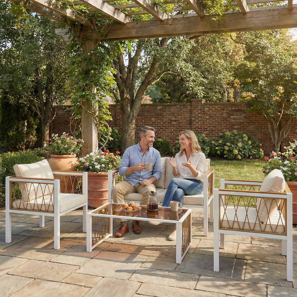 Solarias Ensemble de jardin 4 pièces en polyrattan, salon avec canapé 2 places, 2 fauteuils, table en verre, coussins amovib