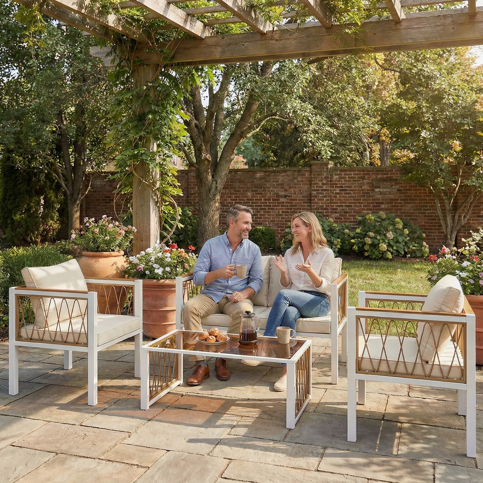 Solarias Ensemble de jardin 4 pièces en polyrattan, salon avec canapé 2 places, 2 fauteuils, table en verre, coussins amovib
