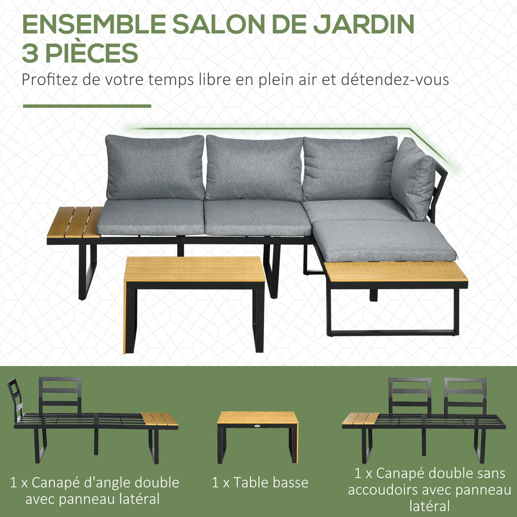 Solarias Salon de Jardin d'angle modulable avec table basse aluminium 5 places 3 pièces 8 coussins inlcus gris foncé