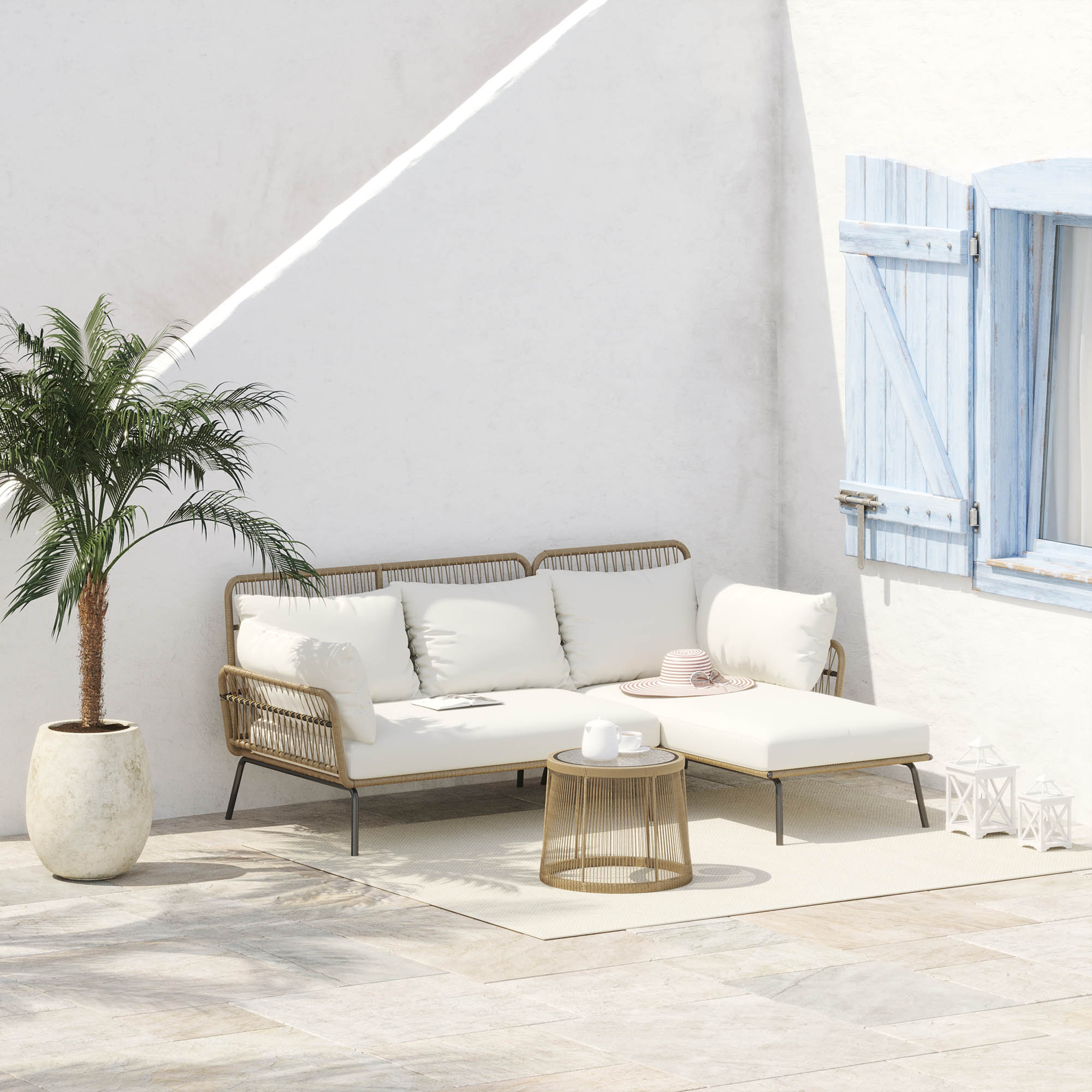 Solarias Salon de jardin extérieur d'angle moduable 4 places en résine tressée canapé de jardin extérieur avec table basse c