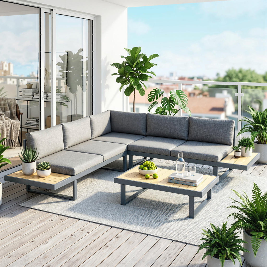Solarias Ensemble salon de jardin d'angle design 5 places coussins table basse alu. gris anthracite et imitation bois