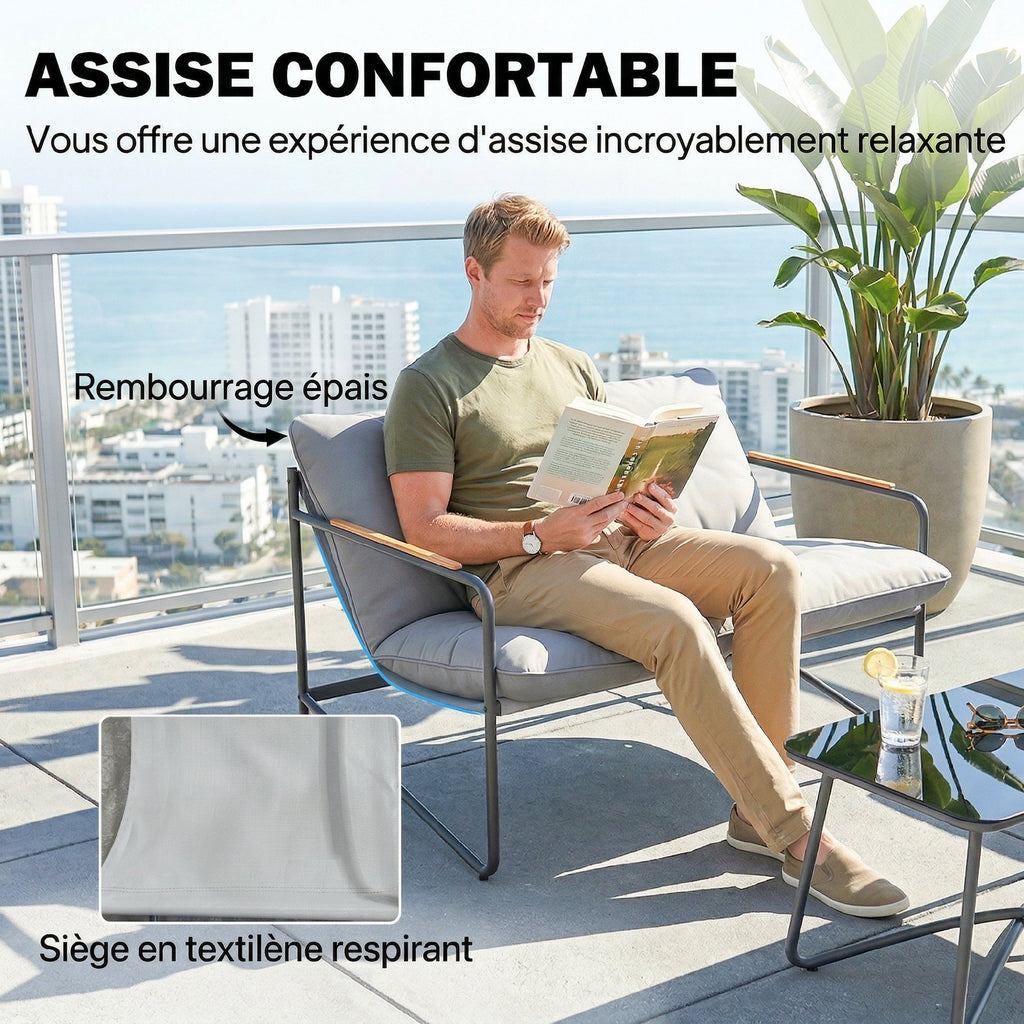 Solarias Salon de Jardin 4 Pièces Ensemble avec Canapé 2 Places, 2 Fauteuils et Table Basse Verre Trempé Coussins 13cm Gris 