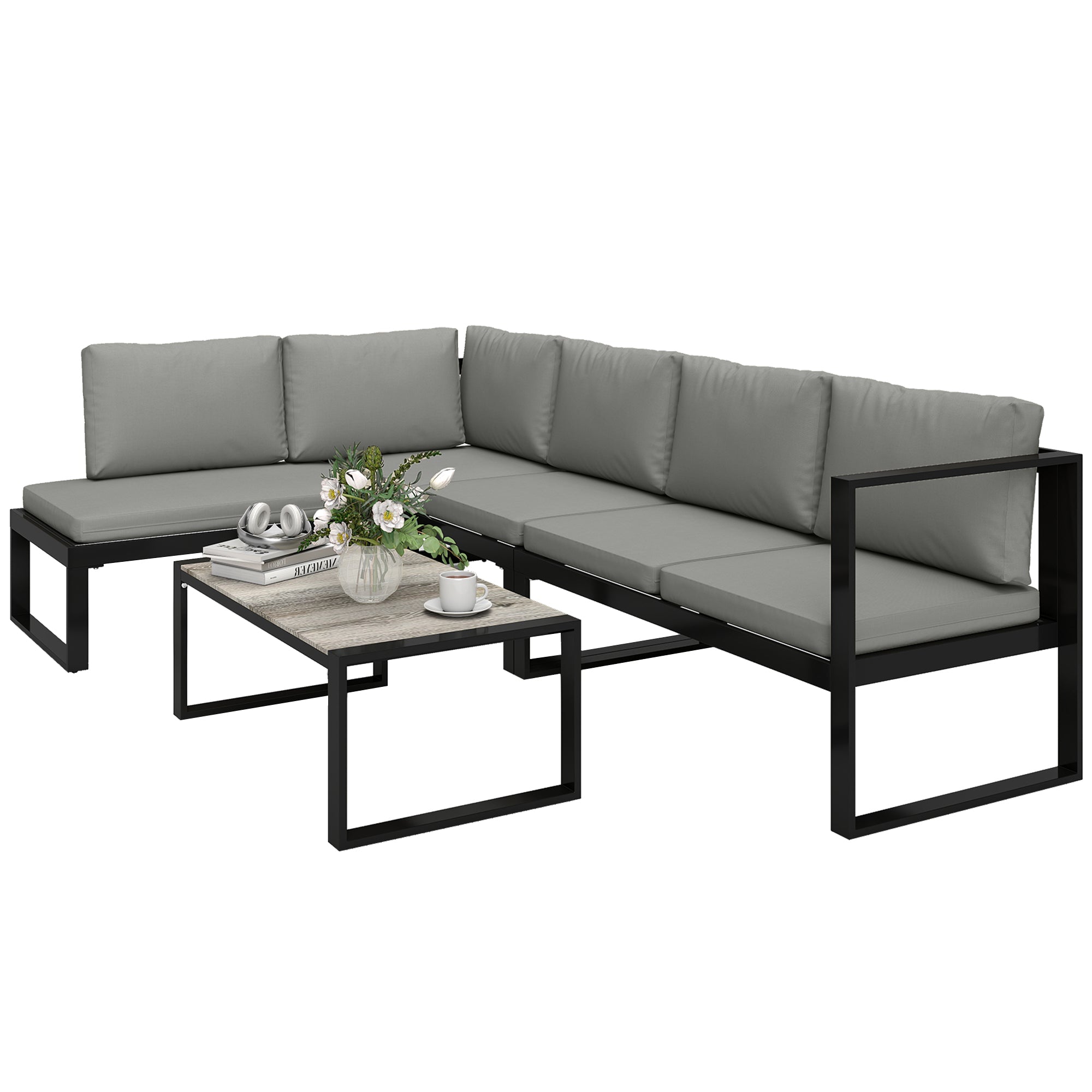Solarias Salon de Jardin Extérieur d'Angle 5 Personnes avec 2 Canapés, Chaise Sans Accoudoirs, Table Basse, Gris Foncé
