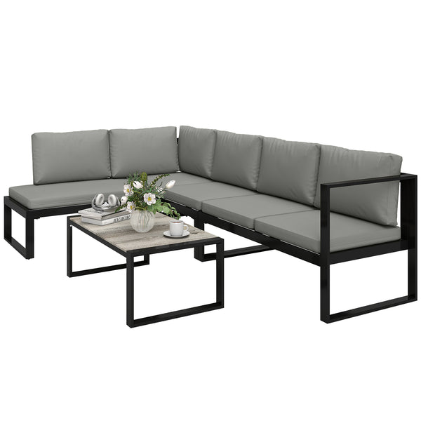 Solarias Salon de Jardin Extérieur d'Angle 5 Personnes avec 2 Canapés, Chaise Sans Accoudoirs, Table Basse, Gris Foncé