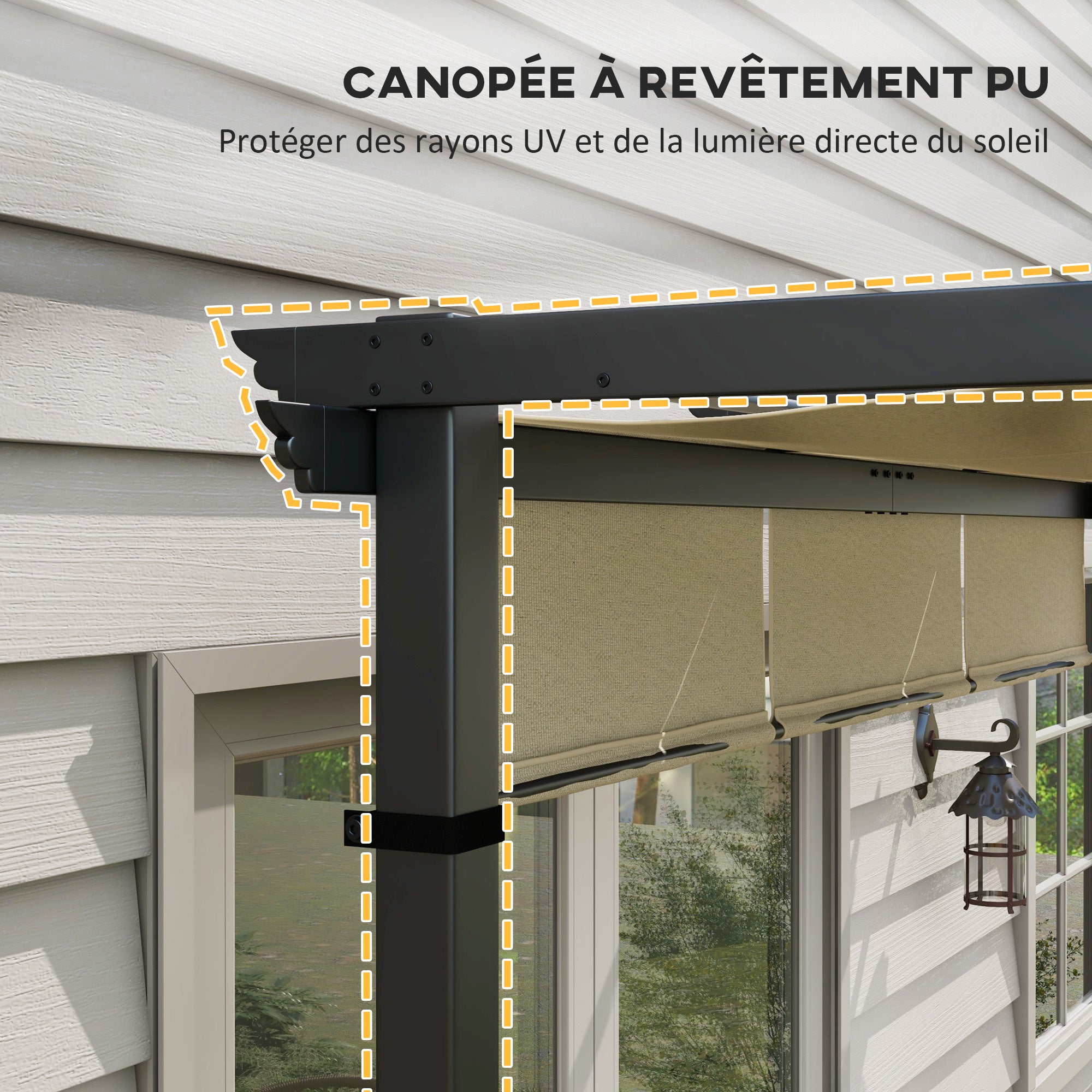 Solarias Pergola avec 3 toiles coulissantes 3 x 3 x 2,38 m structure acier noir toile polyester haute densité beige