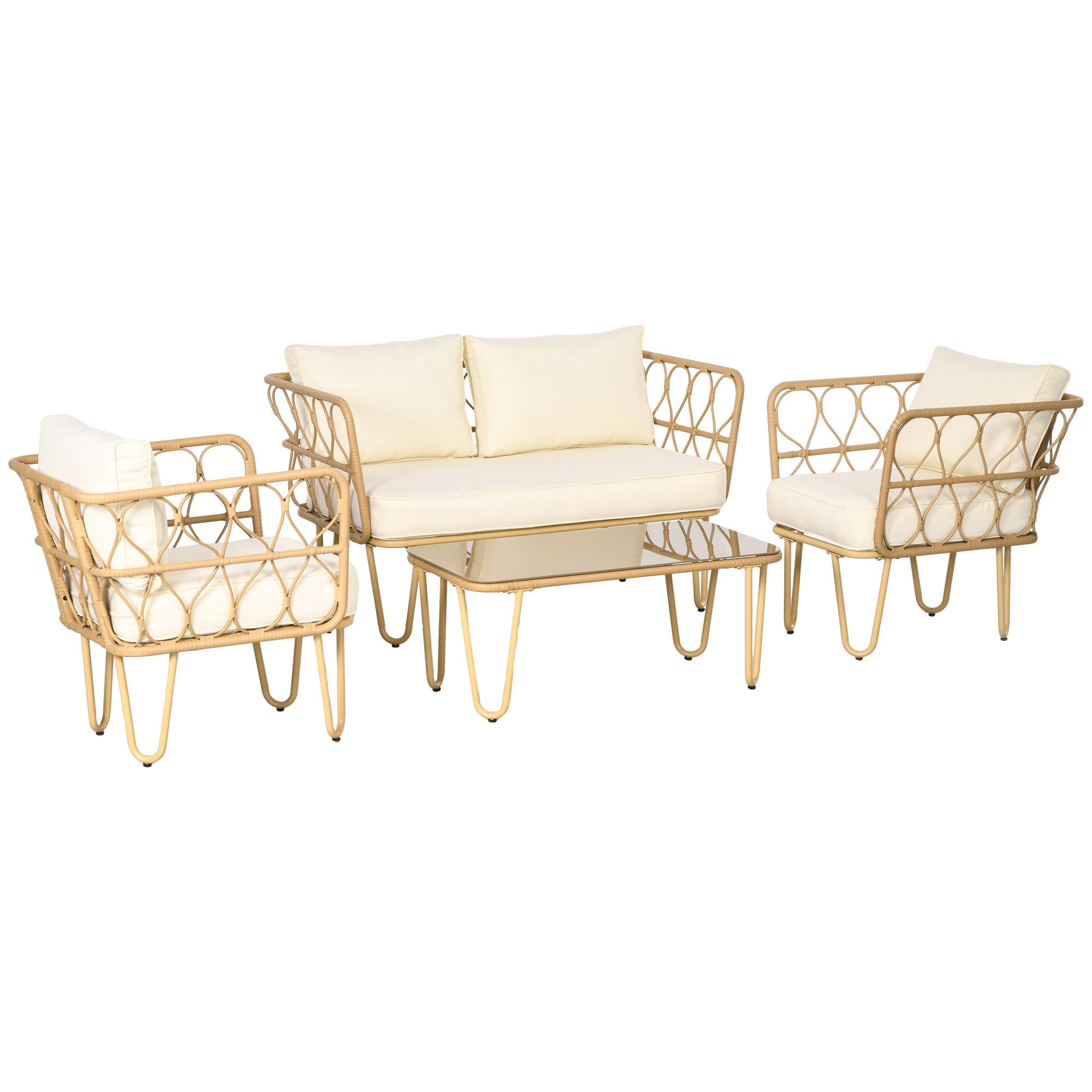 Solarias Ensemble salon de jardin canapé 2 places + 2 fauteuils + 1 table basse plateau verre trempé 7 coussins écru