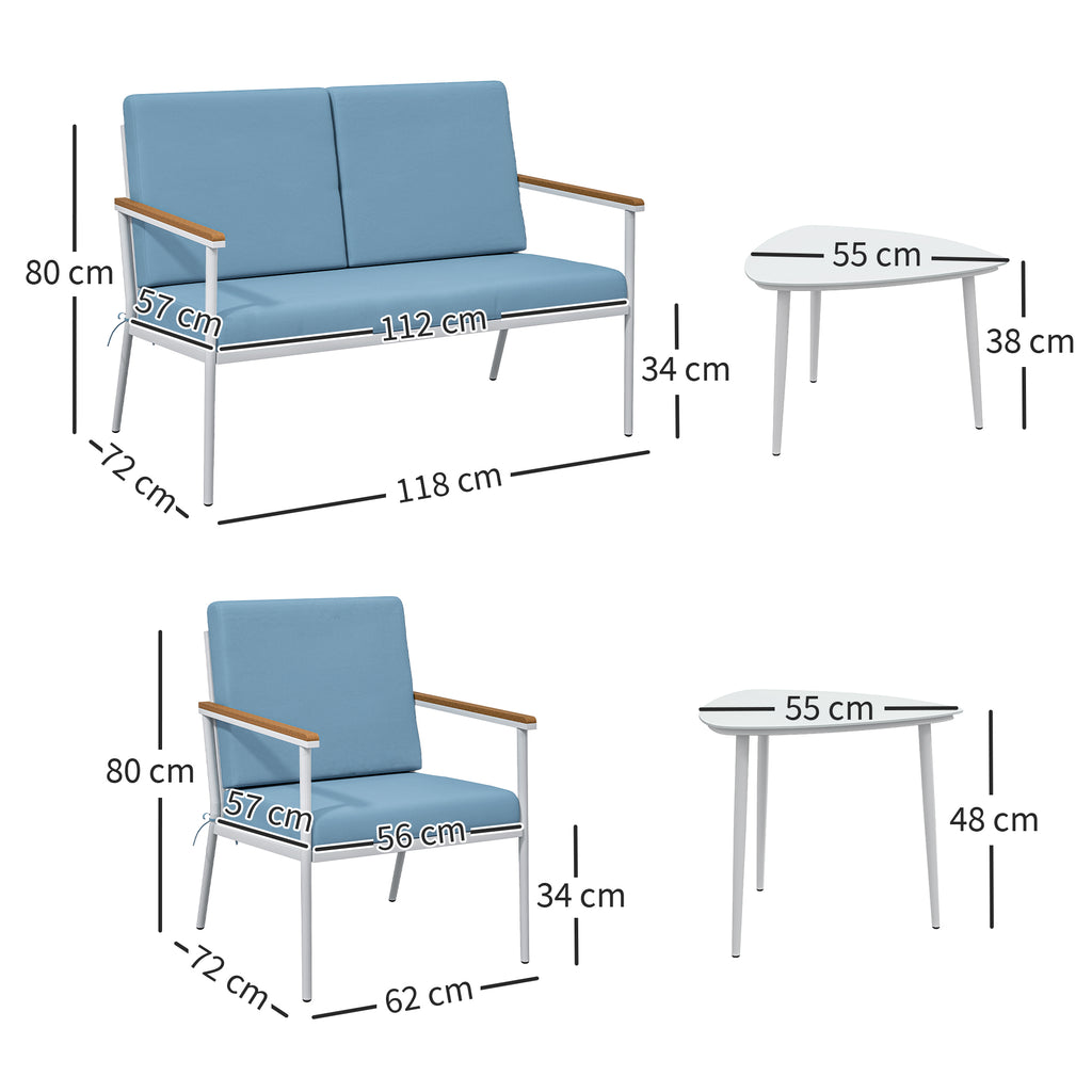 Solarias Salon de jardin extérieur 4 personnes, salon de balcon 5 pièces avec canapé, 2 fauteuils et 2 tables basses bleu cl