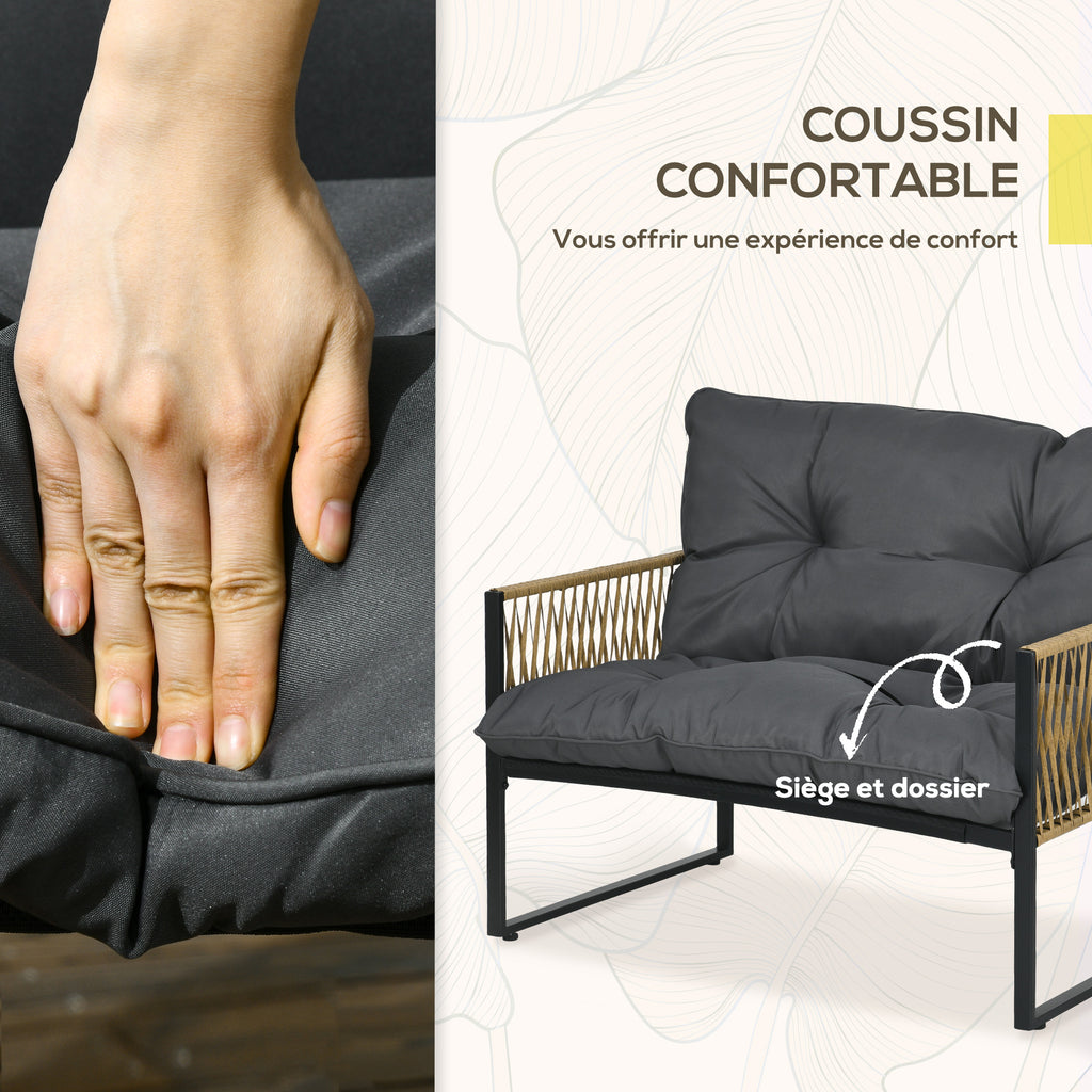 Solarias Ensemble salon de jardin 4 pièces canapé 2 places 2 fauteuils et 1 table basse plateau verre trempé 3 coussins - gr
