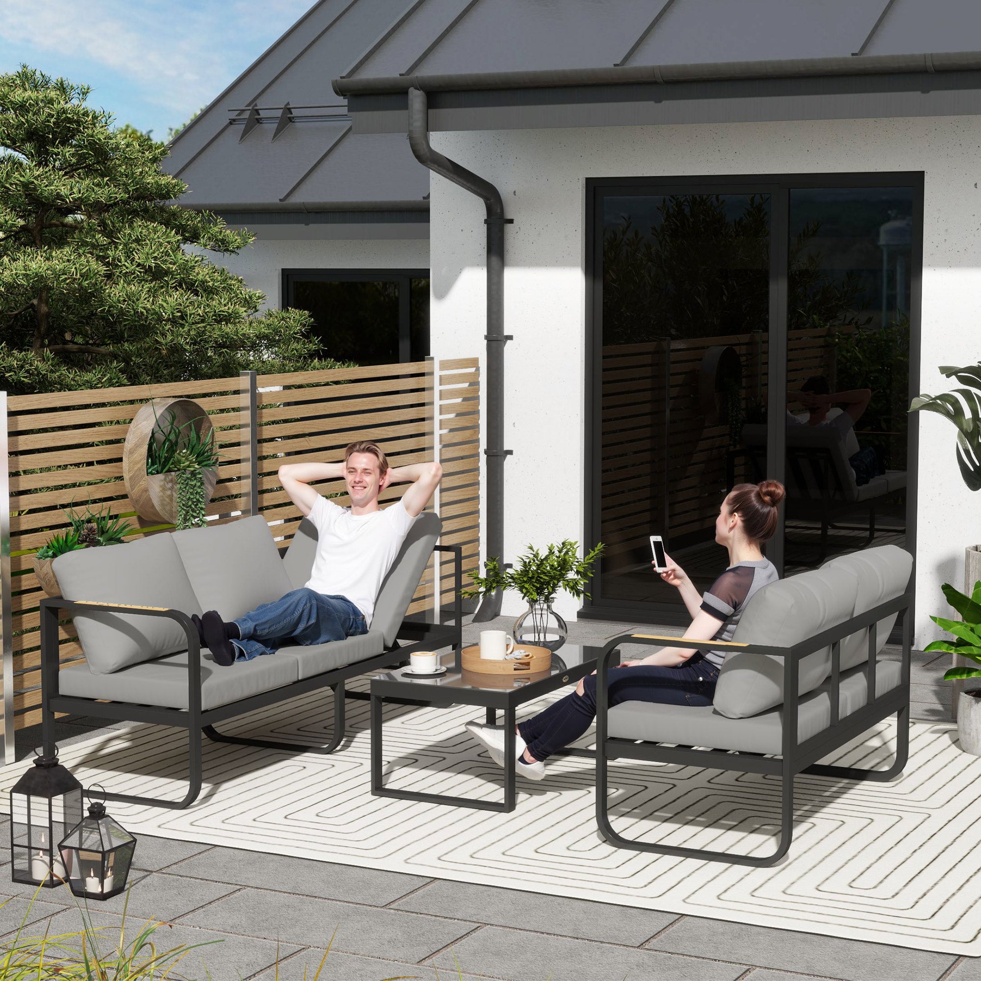 Solarias Salon de jardin extérieur 3 pièces en L avec canapés et table basse en verre, assise réglable 5 positions, gris