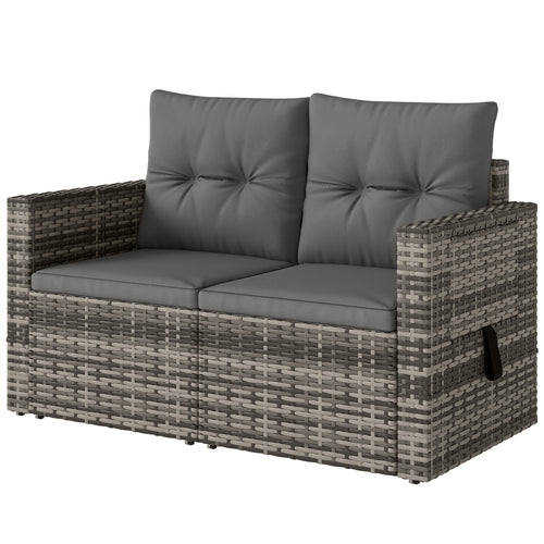 Solarias Canapé 2 places en rotin avec coussins Pliable Plateaux latéraux Sofa lounge Gris clair
