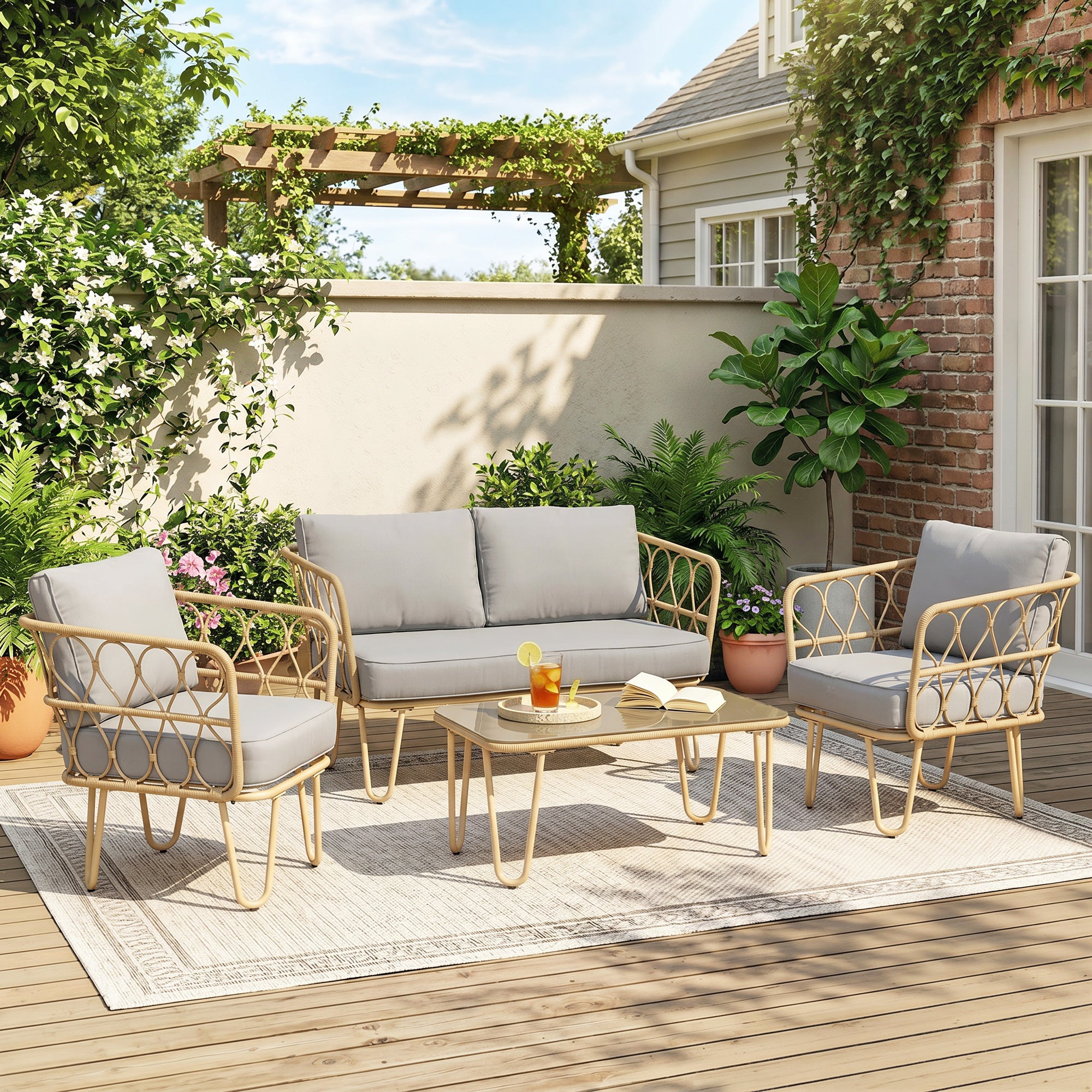 Solarias Ensemble salon de jardin canapé 2 places + 2 fauteuils + 1 table basse plateau verre trempé 7 coussins gris