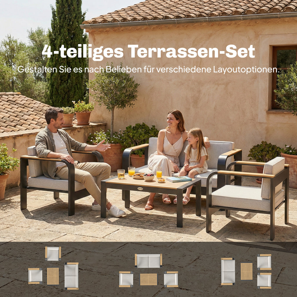 Solarias Ensemble de jardin en aluminium pour 4 personnes résistant à l'eau extra profond avec canapé 2 places et 2 fauteuil